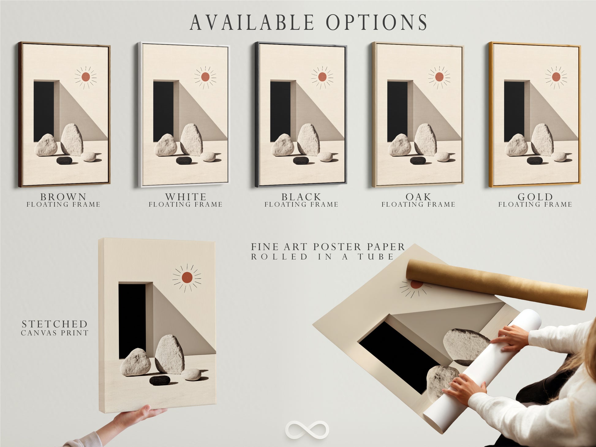 Available options for minimalist stone artwork are displayed. Choose between a stretched canvas print fine art poster paper or floating frame. Geometric shapes and neutral colors create a modern zen look. Perfect for any home or office wall decor. Customize your art to fit your unique style. Enhance your space with this simple yet elegant artwork.