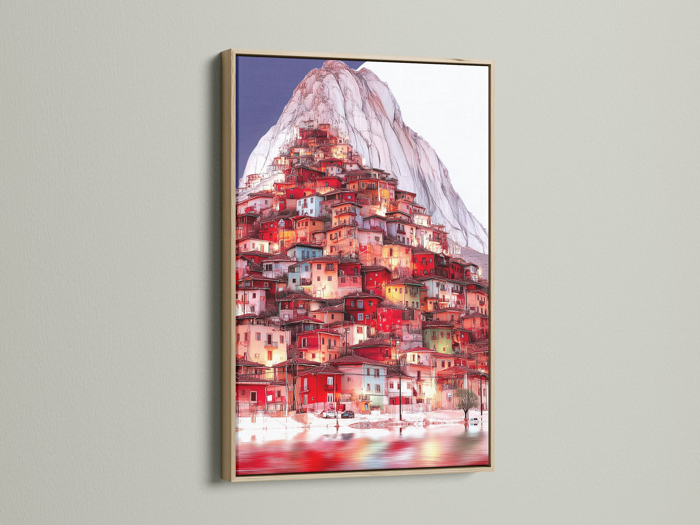 The Mountain Village artwork is displayed in an oak frame. This hillside print brings a touch of Europe to your walls. The oak frame enhances the coastal wall art.