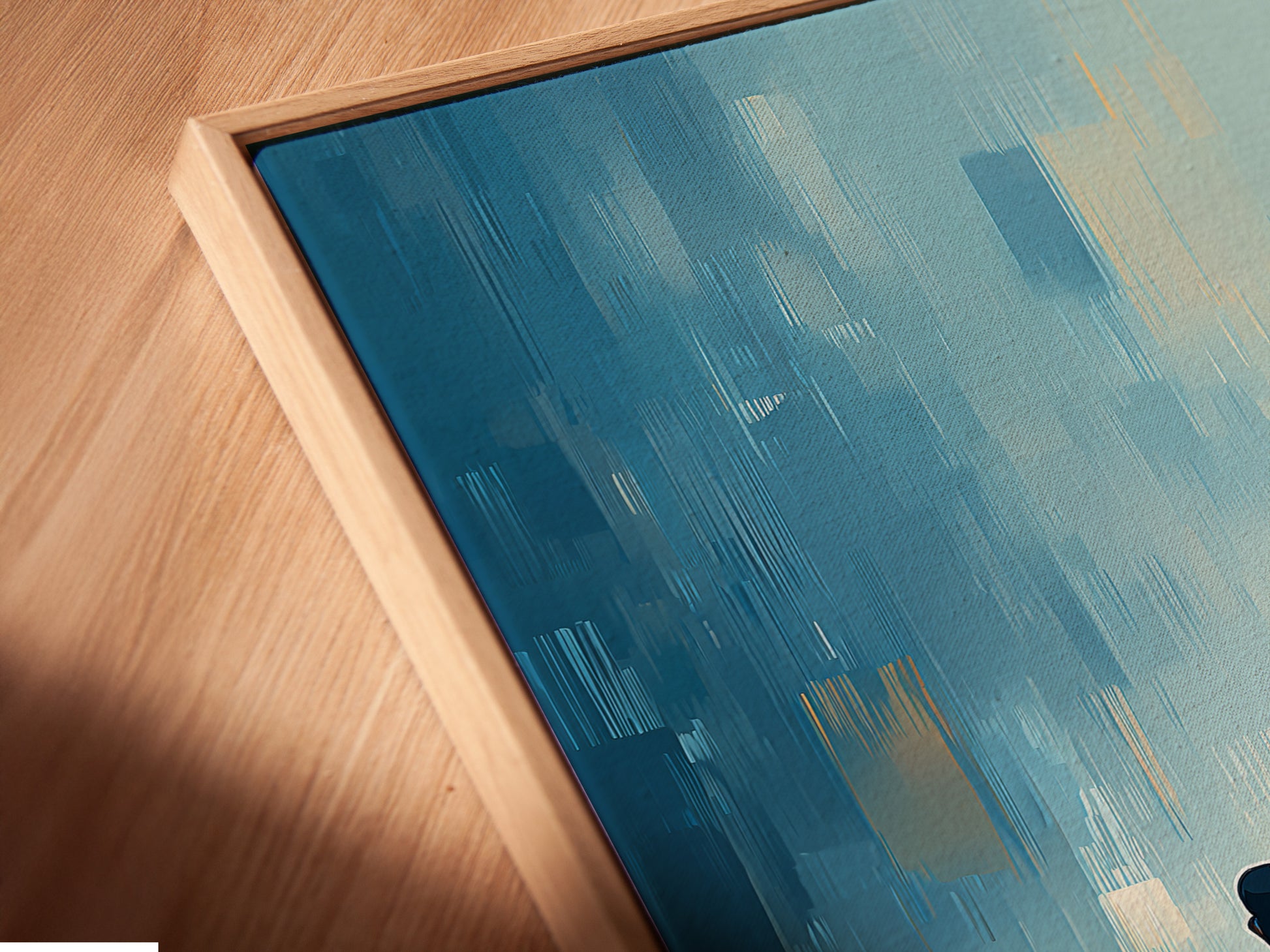 Angled close up reveals the texture and detail of this canvas print. The artwork is set in a floating frame. This modern sports art is perfect for homeowners renters and business owners. It fits minimalist and Scandinavian styles.