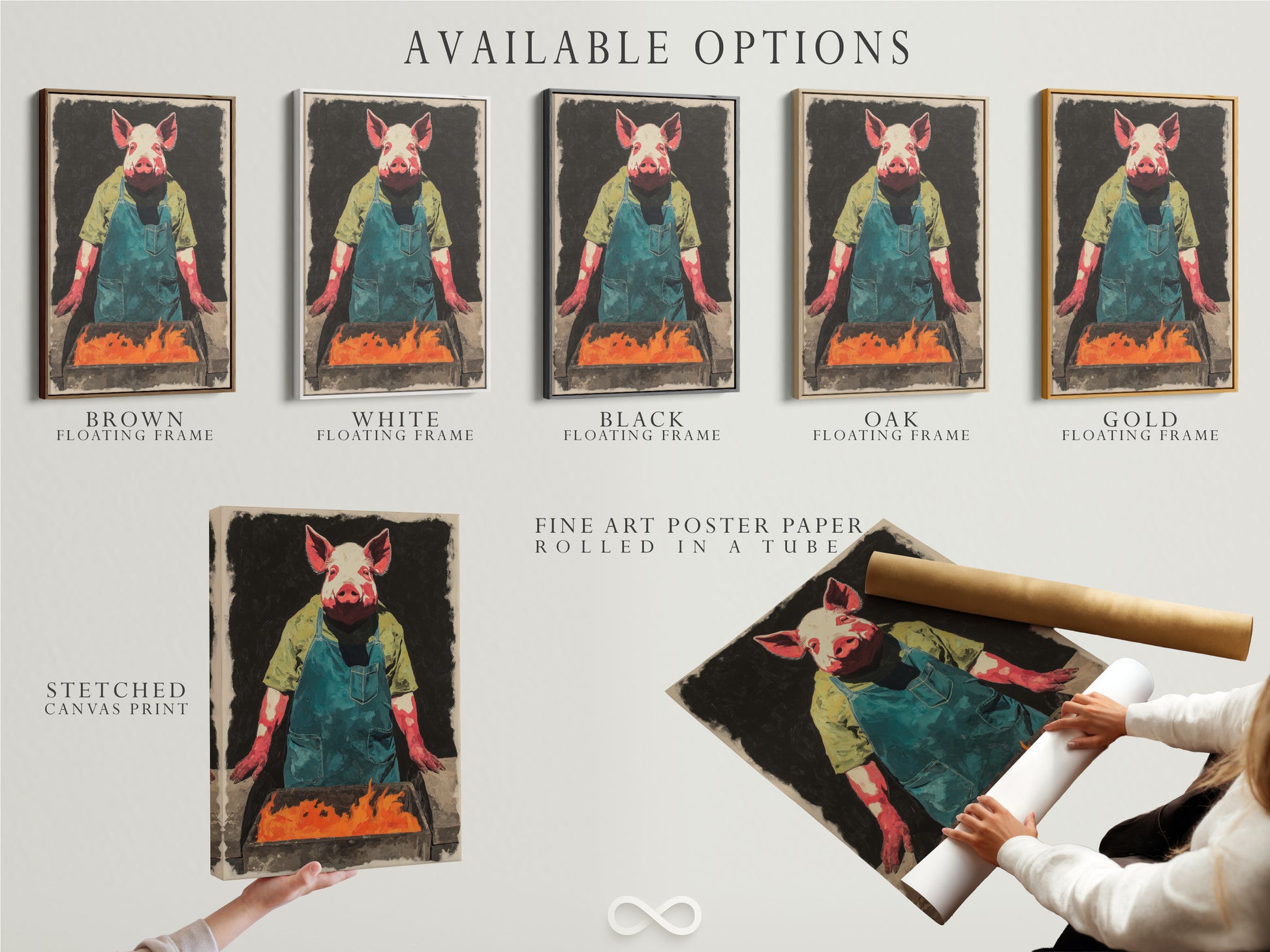 Available options for the Pig Chef artwork are displayed. Choose from a stretched canvas print fine art poster paper or a floating frame. Customize your artwork to fit your style. The artwork is a humorous addition to any kitchen or dining room. It is ideal for rustic decor.