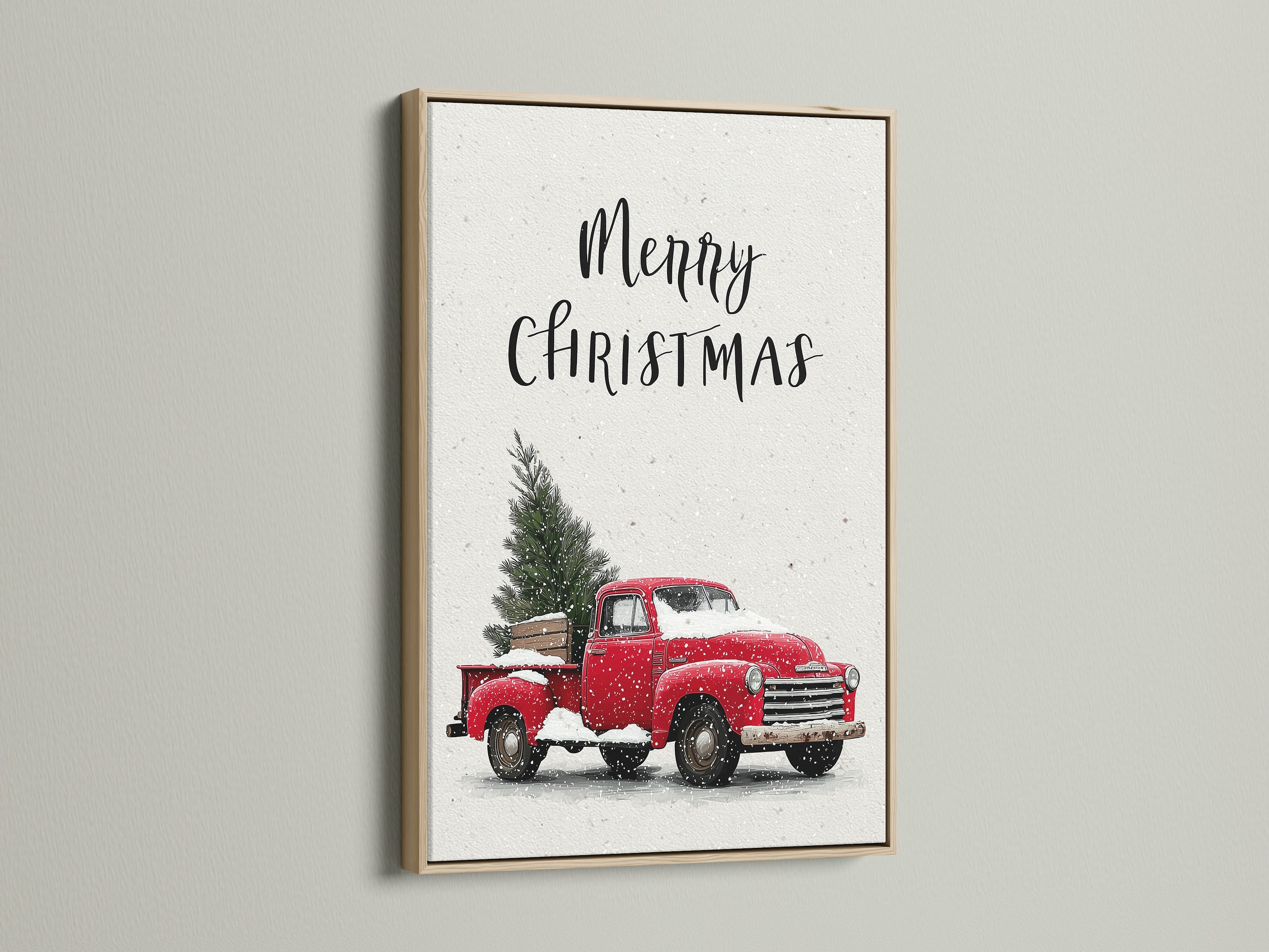 Artwork featuring an oak frame. The artwork showcases a Christmas scene. A red truck is carrying a Christmas tree covered in snow. The oak frame complements the artwork's warm tones. This art is perfect for seasonal home decor. It adds rustic charm to any room.