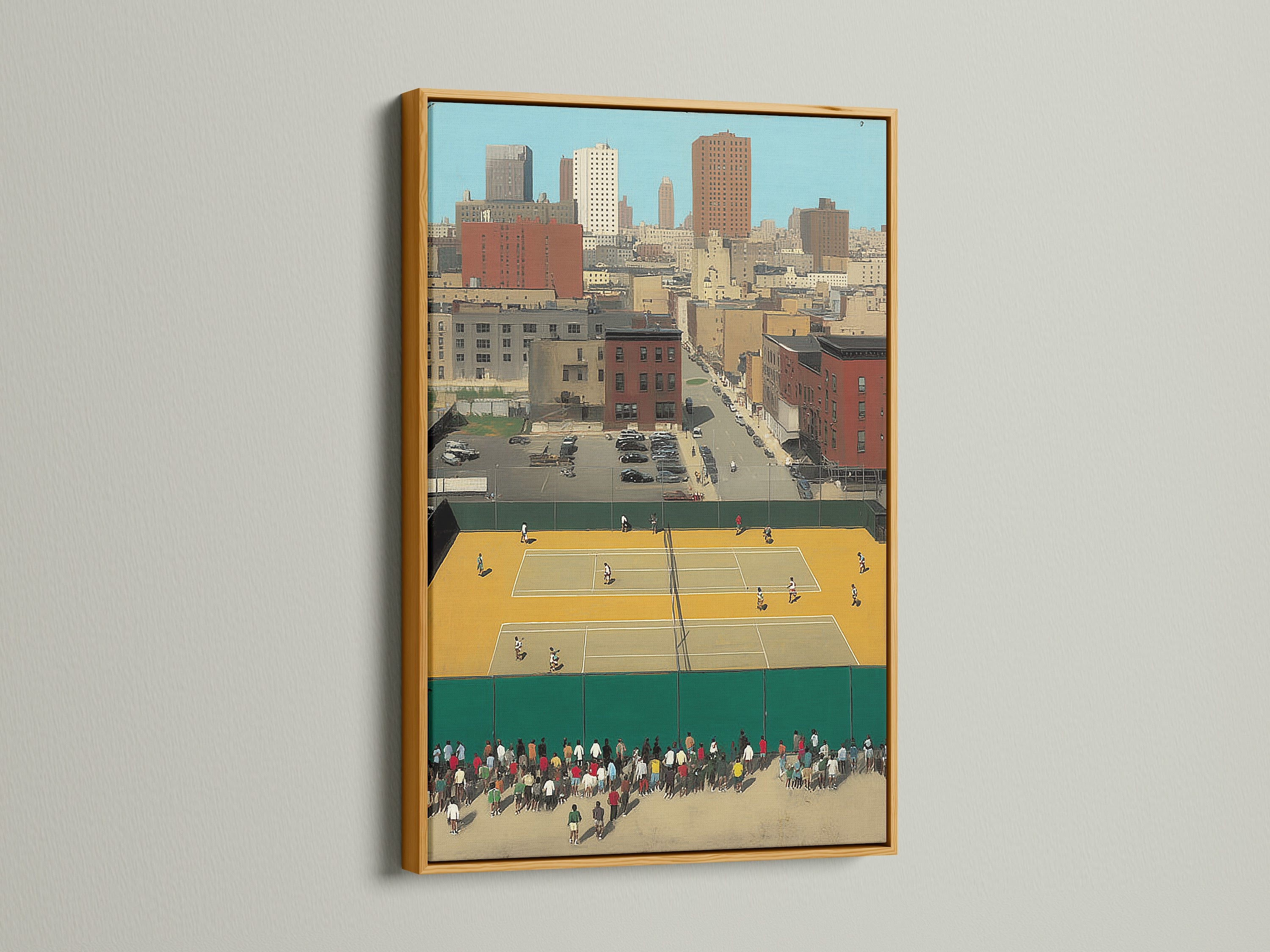 The Urban Tennis Court vintage art features a gold frame. The gold frame adds a touch of elegance. This city sports print is eye-catching. The retro athletic art complements eclectic styles. The sports canvas art is a stylish choice.