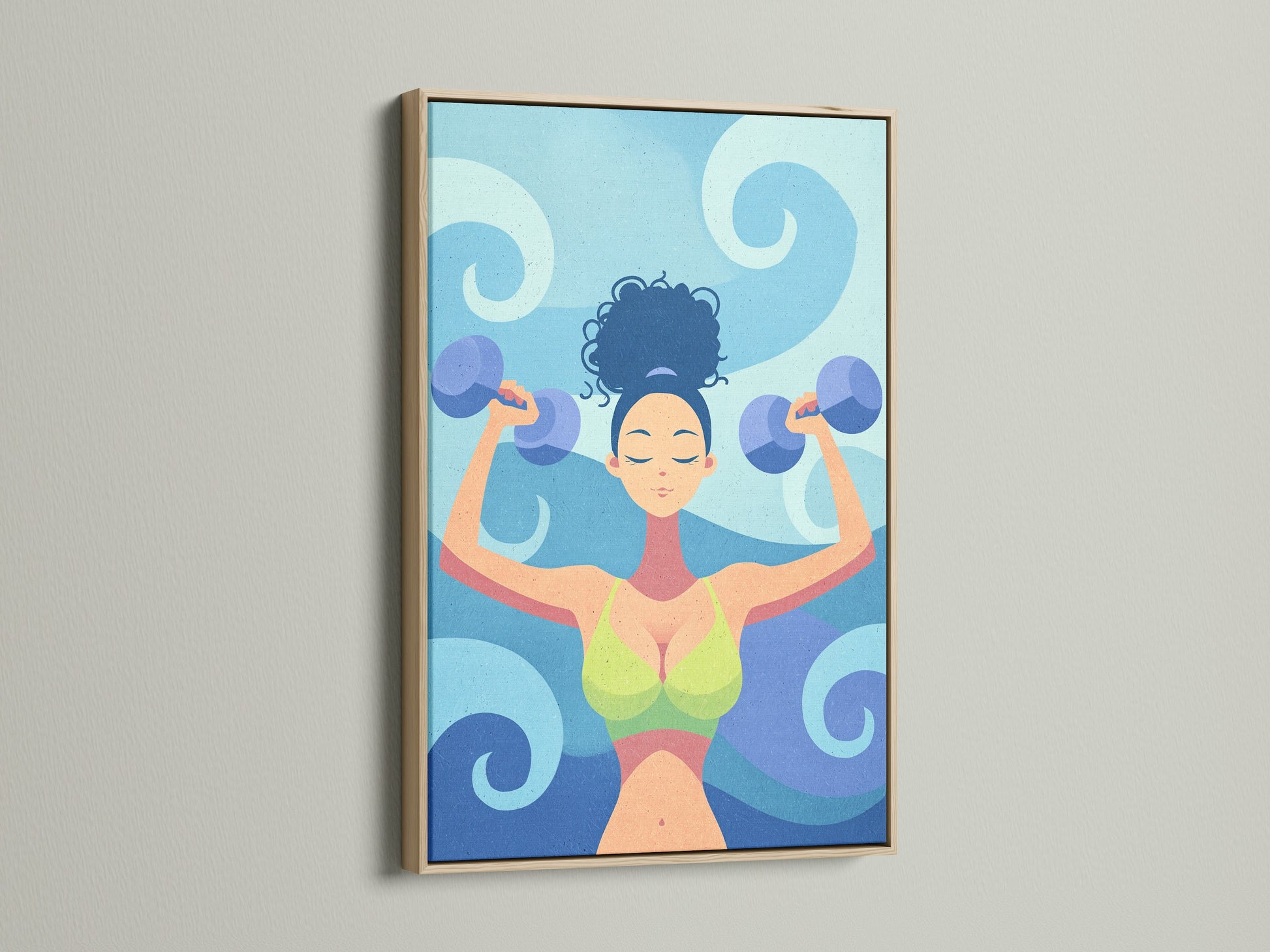 Oak frame highlights fitness woman artwork. This gym wall decor features a workout illustration. Ideal for adding fitness motivation to your space. The artwork showcases strength training. It enhances home gym decor.