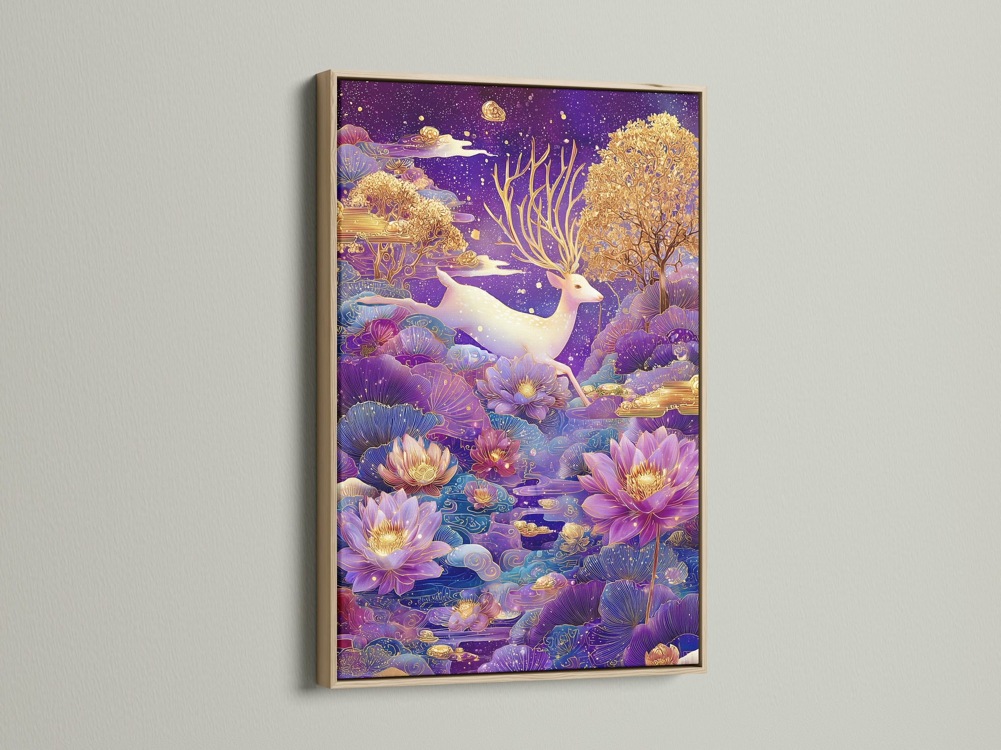 See the Mystical Deer artwork in an oak frame. The warm tones of the oak complement the purple and gold hues. Perfect for bohemian and eclectic interiors. Add a touch of fantasy to your walls.
