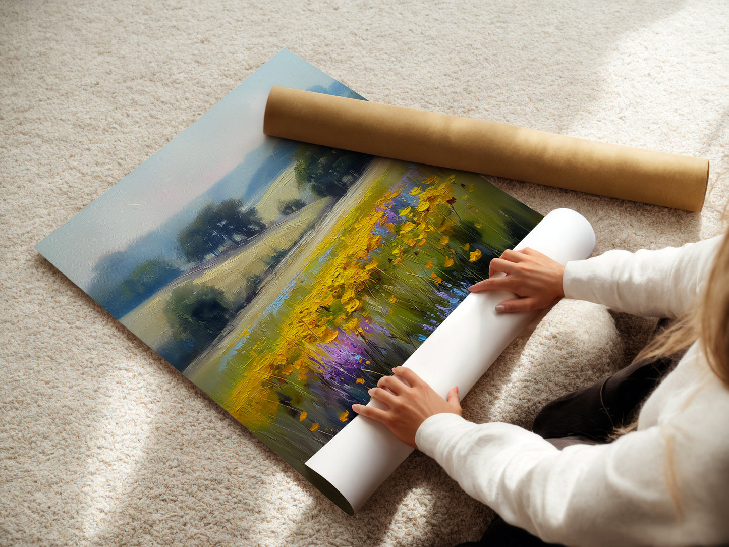 A woman is carefully rolling a fine art poster paper of the wildflower meadow. The artwork is being prepared for framing or display. This high-quality print captures the essence of a country field. Ideal for homeowners and interior designers seeking unique wall art.