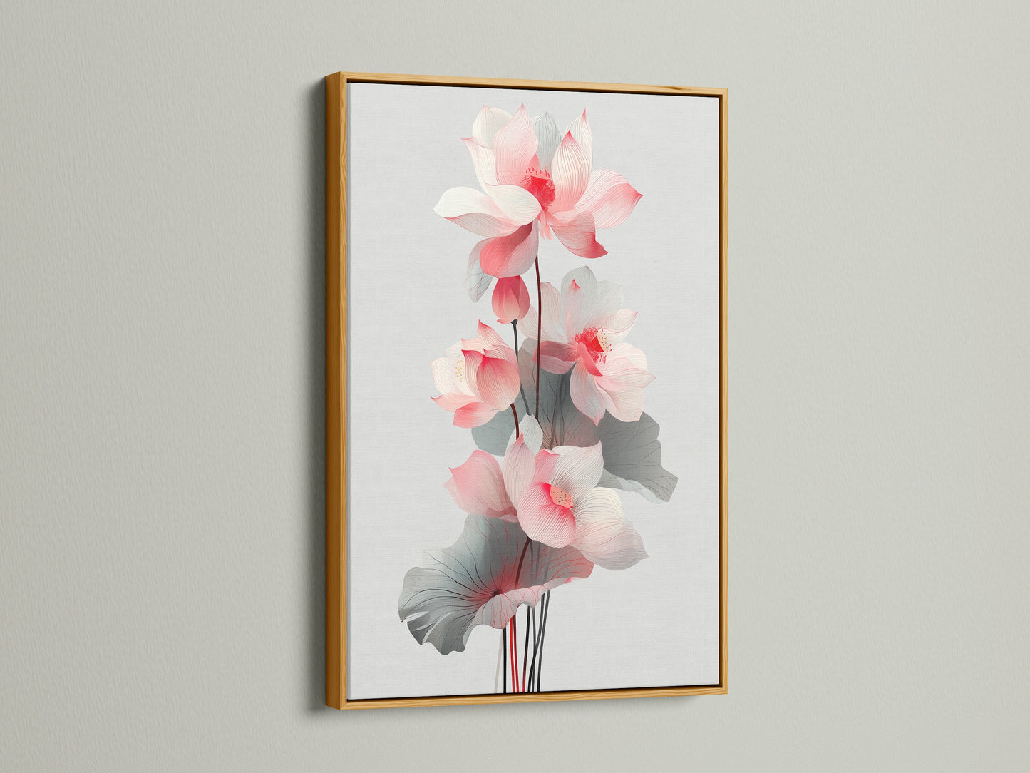 A gold frame enhances the lotus flower artwork. This floral canvas print adds a touch of luxury to your wall decor. The gold frame complements the pink flower decor. It is perfect for lobbies and clinics.
