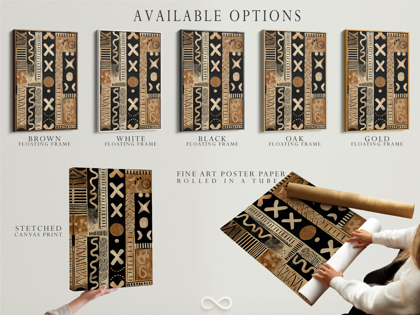 Various options available are displayed. The artwork can be a stretched canvas print. The artwork can be a fine art poster paper. The artwork can be a floating frame. Explore the different ways to display your art.