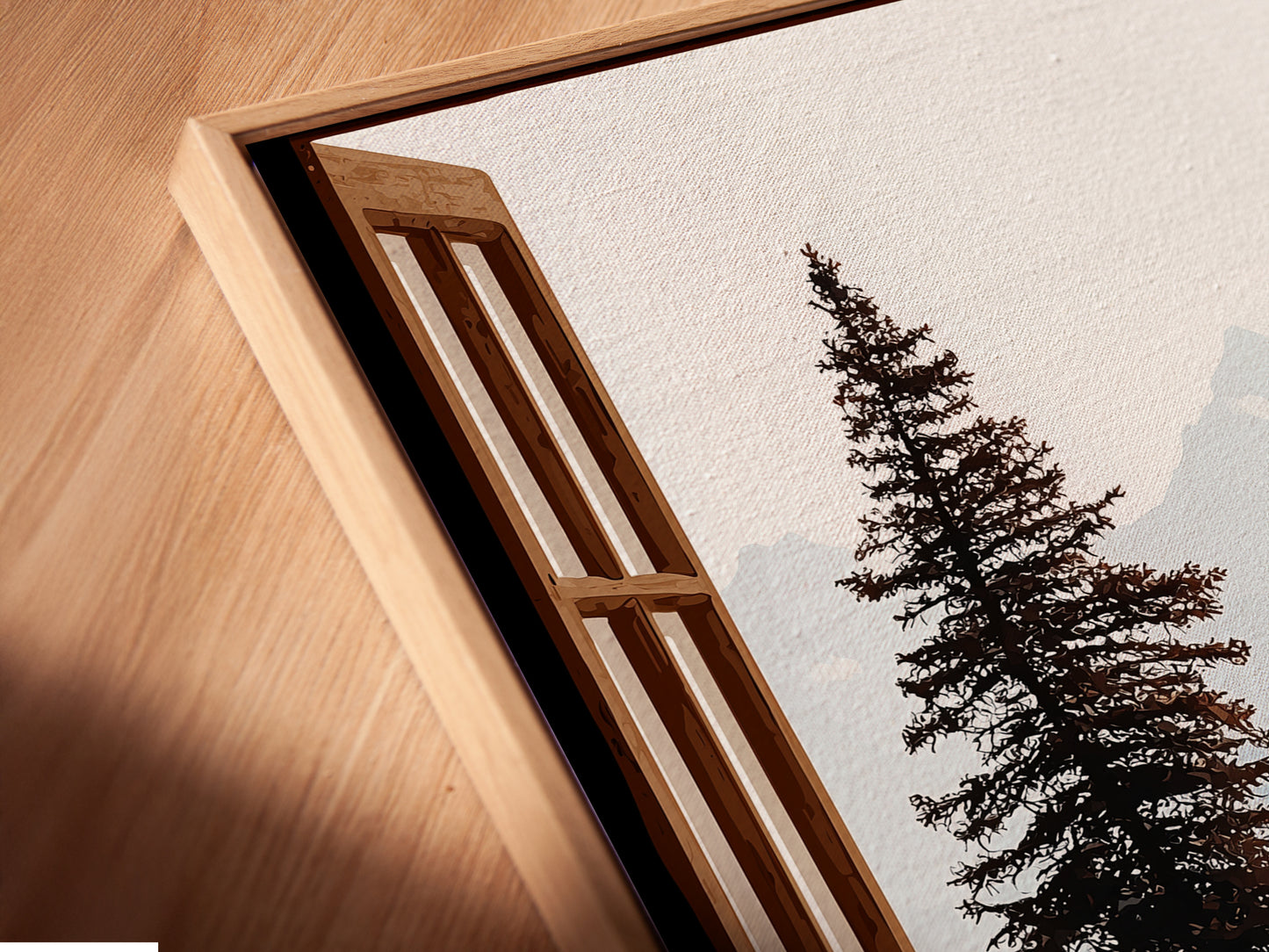 Close up of the canvas print in a floating frame. The mountain lake artwork is displayed beautifully. The nature view poster creates depth and dimension. It enhances the serene landscape bringing nature indoors.