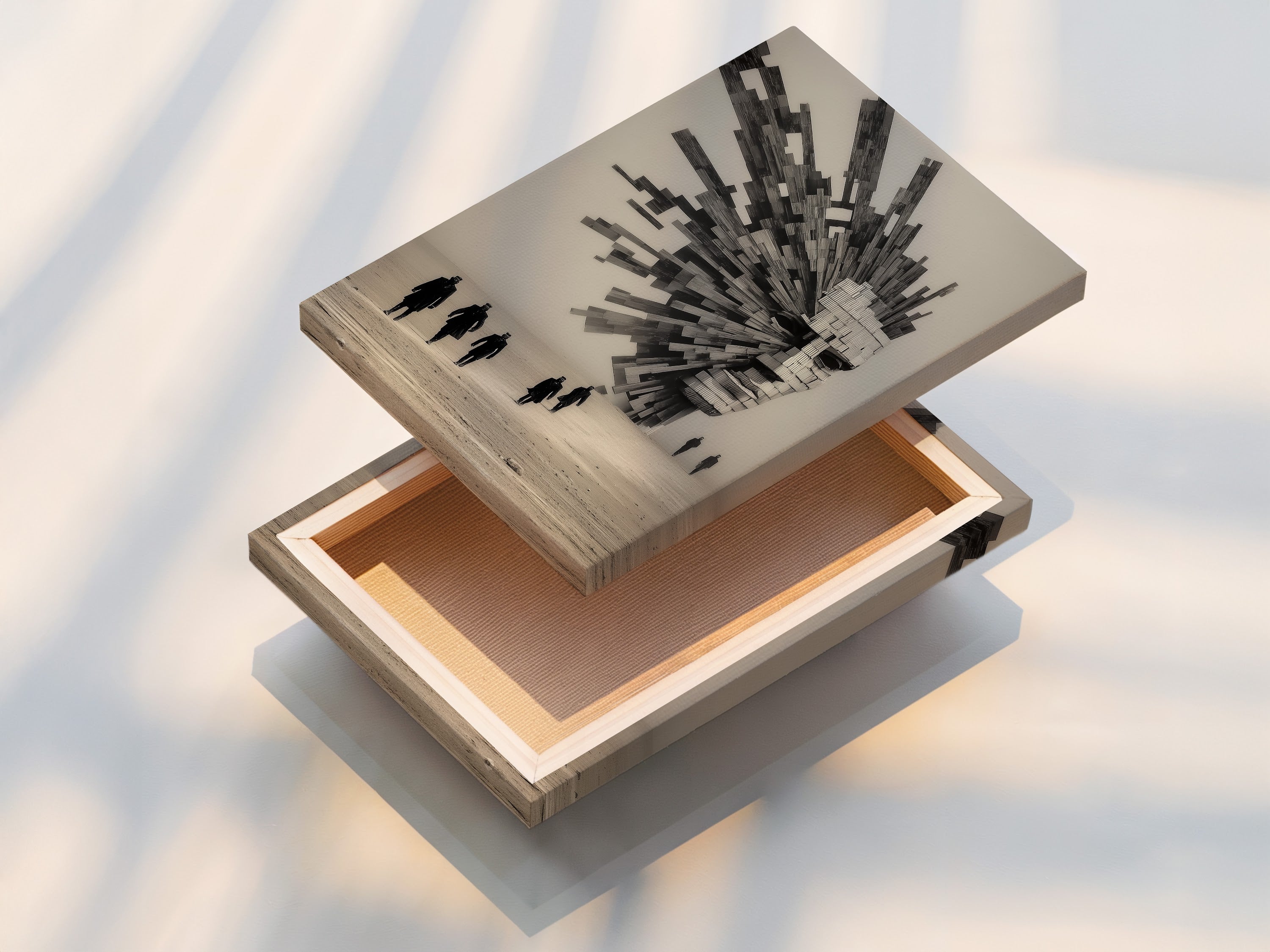 Stretched canvas print of Surreal Architecture artwork. The abstract geometric art creates a modern monochrome poster. It’s perfect for elevating minimalist Scandinavian or rustic interiors. This print enhances any living room bedroom or office space.