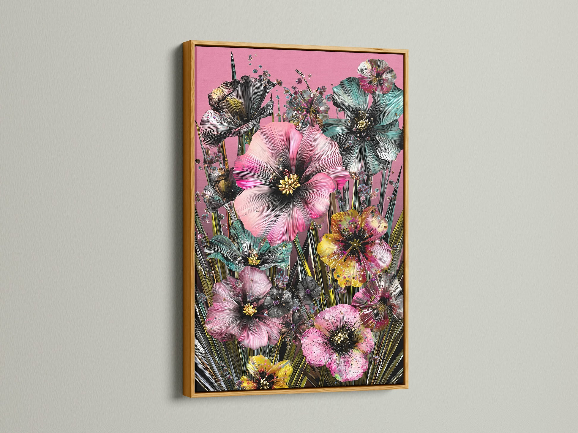 Tropical floral art with a gold frame. The artwork features pink hibiscus flowers. This botanical artwork is perfect for creative workspaces. It enhances living room wall art and adds a touch of elegance.