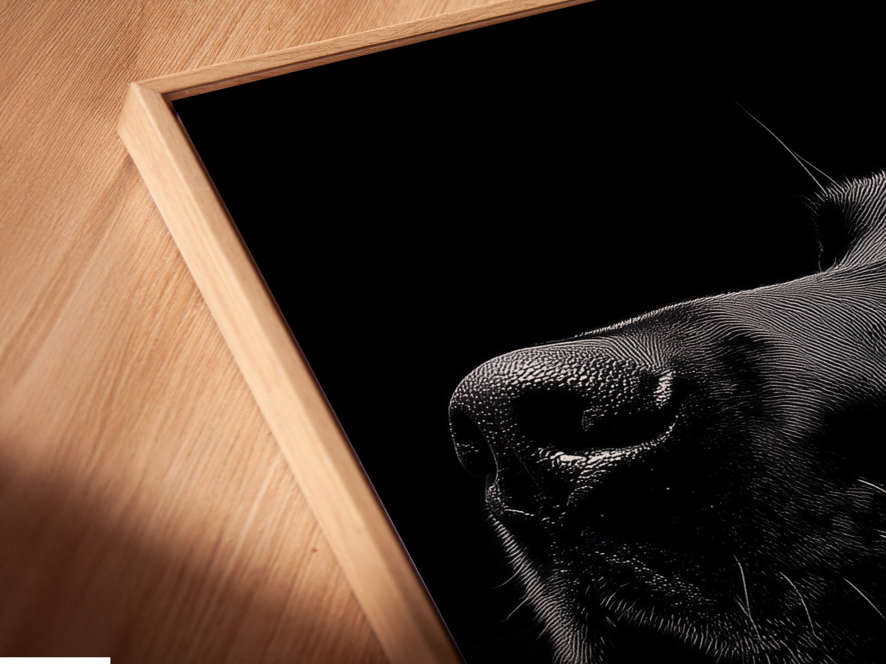 Angled close-up reveals the texture of a canvas print. It is displayed in a floating frame. This contemporary artwork enhances any room. Explore modern wall decor options for your home or office.