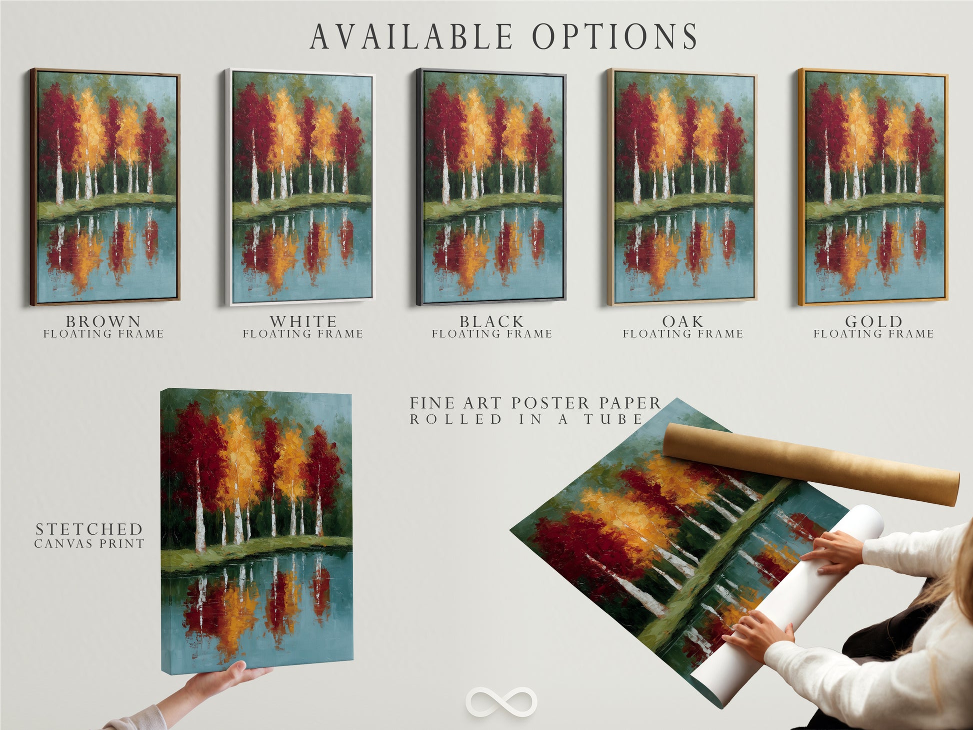 Explore available options for autumn trees artwork. Choose between a stretched canvas print fine art poster paper or a floating frame. Reflected landscape wall art featuring a teal blue lake painting. Customize your perfect artwork.