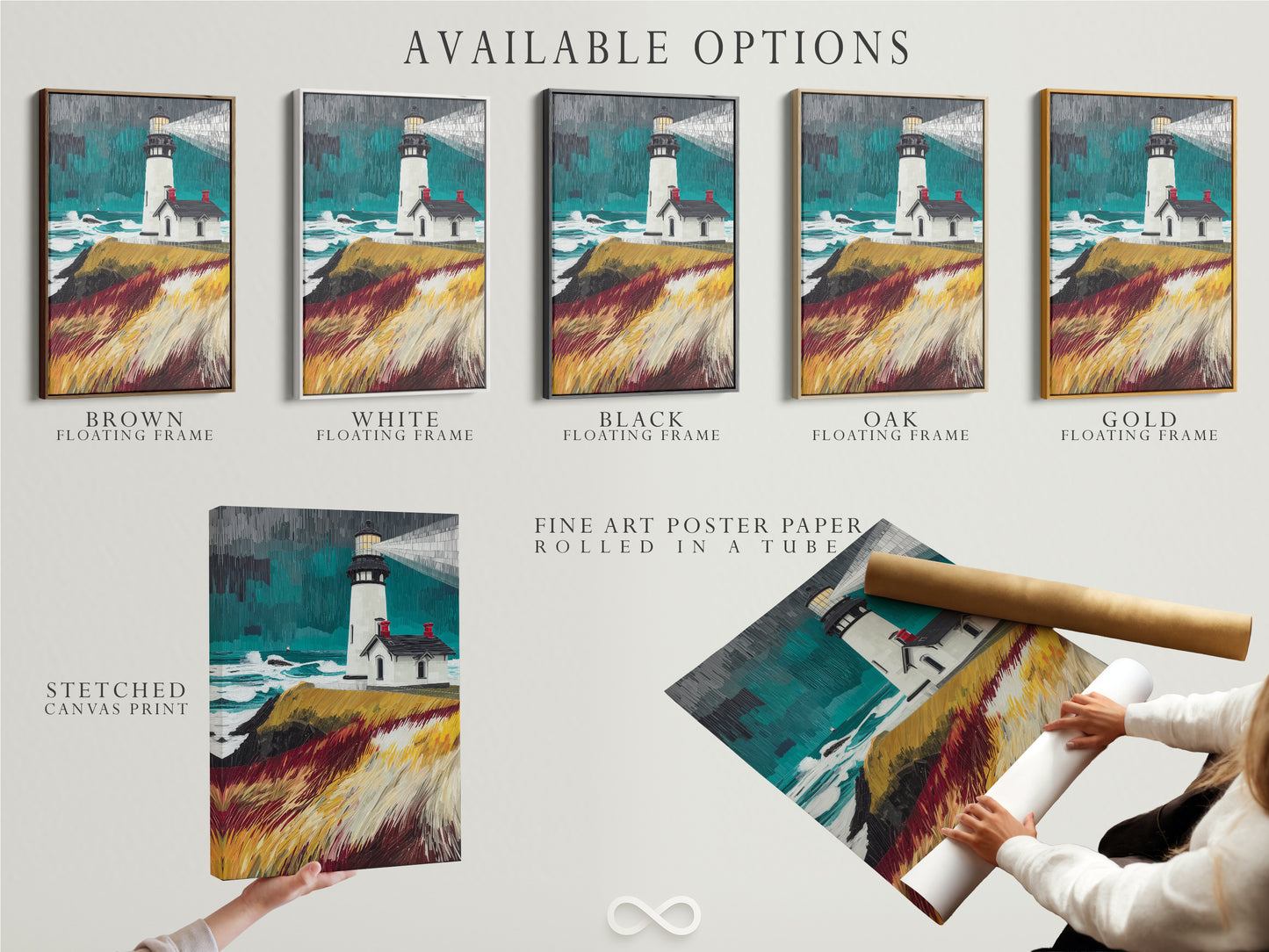 Available options are showcased including a stretched canvas print fine art poster paper and floating frame. The lighthouse coastal artwork can be tailored to your preferences. Select the perfect format for this nautical seascape print. Customize your ocean painting to match your unique style. Explore the possibilities for your coastal artwork today.