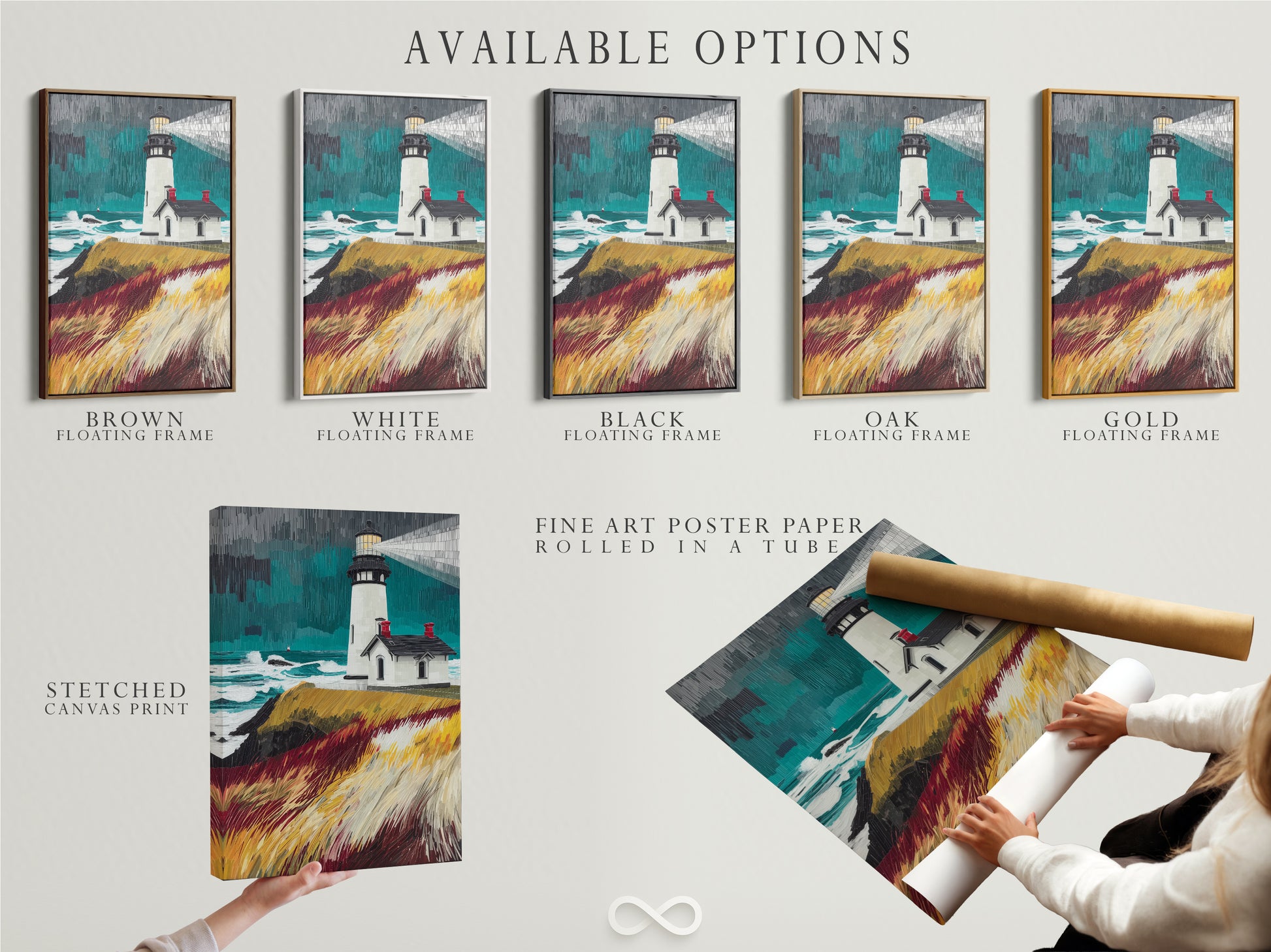 Available options are showcased including a stretched canvas print fine art poster paper and floating frame. The lighthouse coastal artwork can be tailored to your preferences. Select the perfect format for this nautical seascape print. Customize your ocean painting to match your unique style. Explore the possibilities for your coastal artwork today.