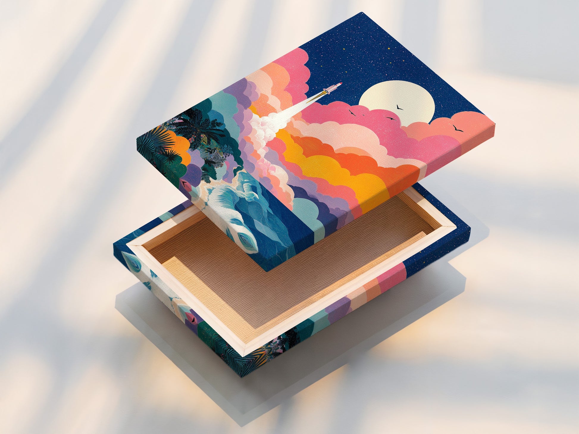 This is a stretched canvas print. The artwork is taut and ready to hang. It is a rocket launch scene. The canvas material enhances the colors and texture. Get your artwork on a stretched canvas for a gallery-ready look.