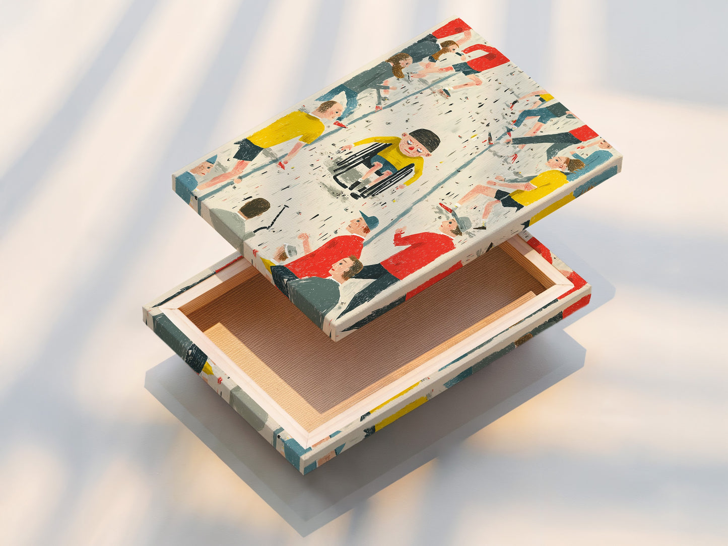 This is a stretched canvas print of an inclusive artwork. The art showcases a child in a wheelchair surrounded by a diverse community. It promotes unity and accessibility. The canvas is perfect for adding an inspirational touch to any office clinic or classroom.