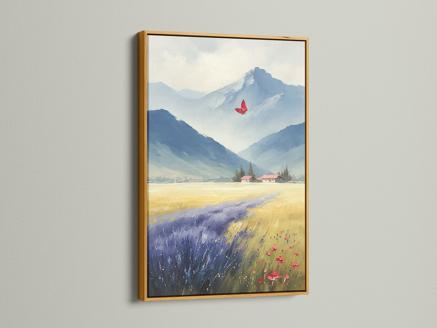Elevate your space with this mountain valley canvas art in a gold frame. This farmhouse style artwork features a butterfly landscape. It provides sophisticated nature wall decor. Admire the beauty of a mountain vista and wildflower art. This rustic wall art adds a touch of elegance. A beautiful piece of country decor.