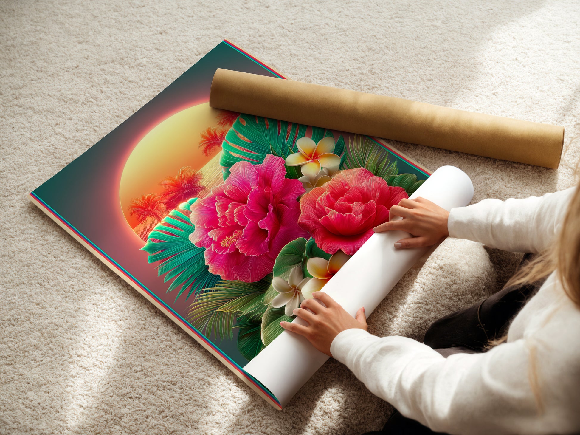 A woman is carefully rolling a fine art poster paper. The poster paper features beautiful tropical flower artwork. The image shows pink hibiscus and plumeria. Explore our fine art poster options. Find the perfect print to enhance your home decor today.