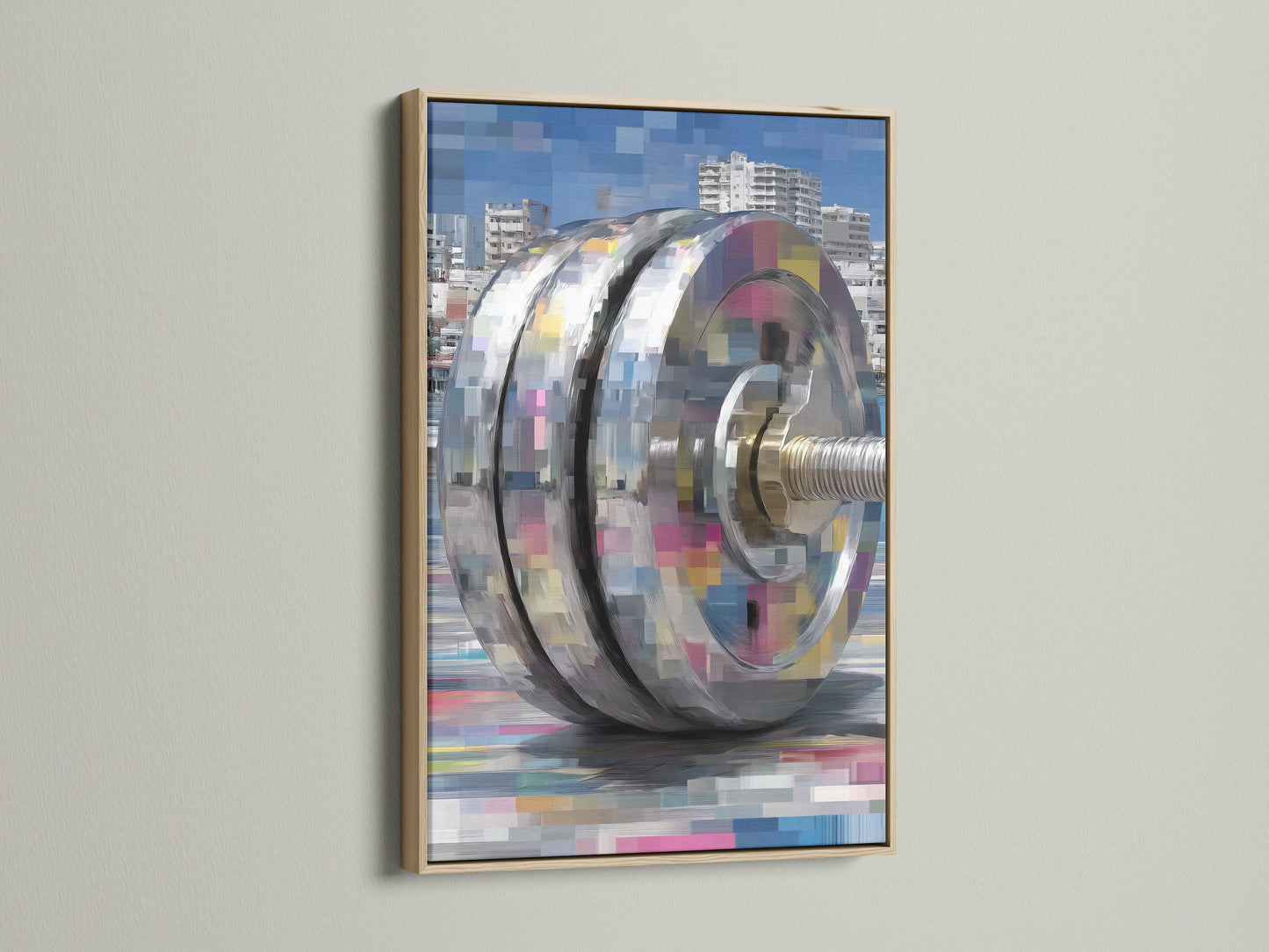 This is an oak frame. It showcases industrial machinery art. The modern mechanical print adds style to any space. This digital pixel canvas print is ideal for office wall decor. The oak frame enhances its appeal.