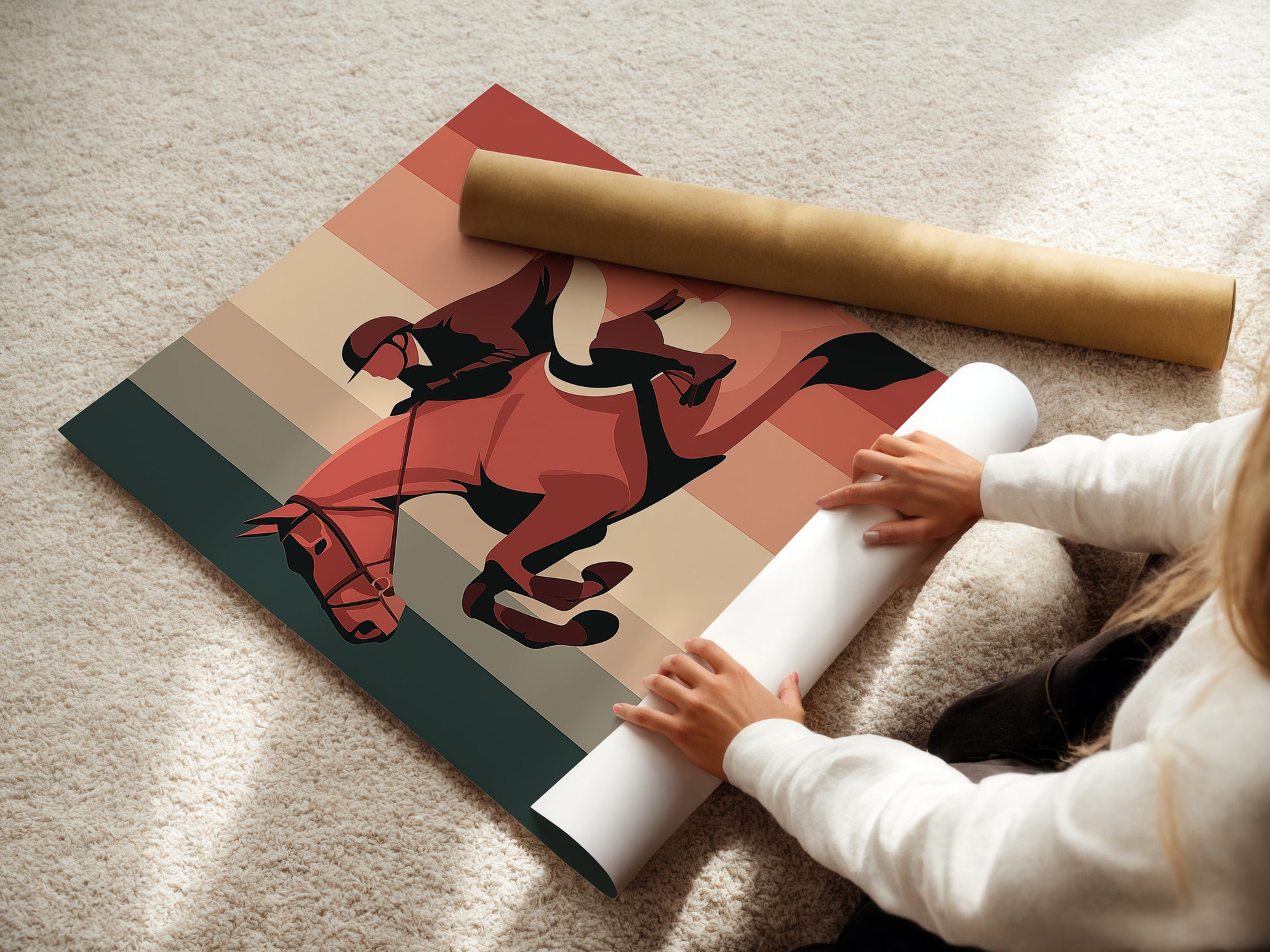 A woman is rolling a fine art poster paper. She is preparing it for framing or display. The paper is high-quality and ready for your favorite artwork. Fine art paper offers a professional touch. It ensures longevity and vibrancy for your prints.