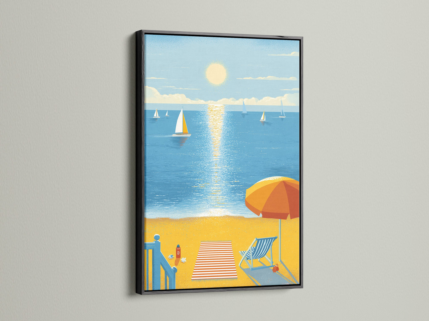 Beach wall art in a sleek black frame. This sailboat print is a stylish addition to any space. The coastal canvas art offers a modern touch. Perfect for summer wall decor or a beach house.