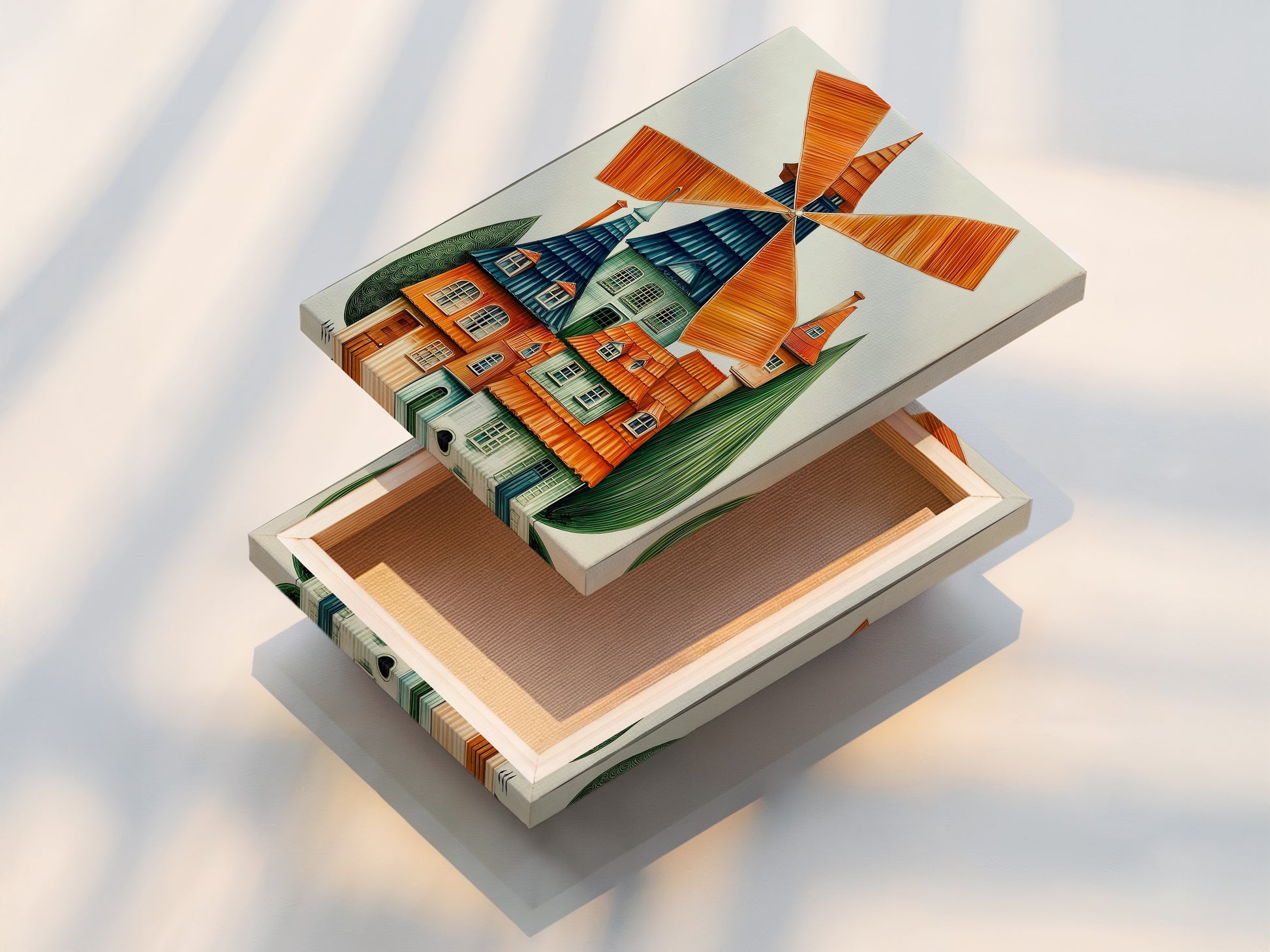 Vibrant stretched canvas print featuring whimsical windmill artwork. This Dutch architecture canvas adds colorful folk art to any room. Perfect for playroom decor. It will bring a unique touch to kids' rooms.