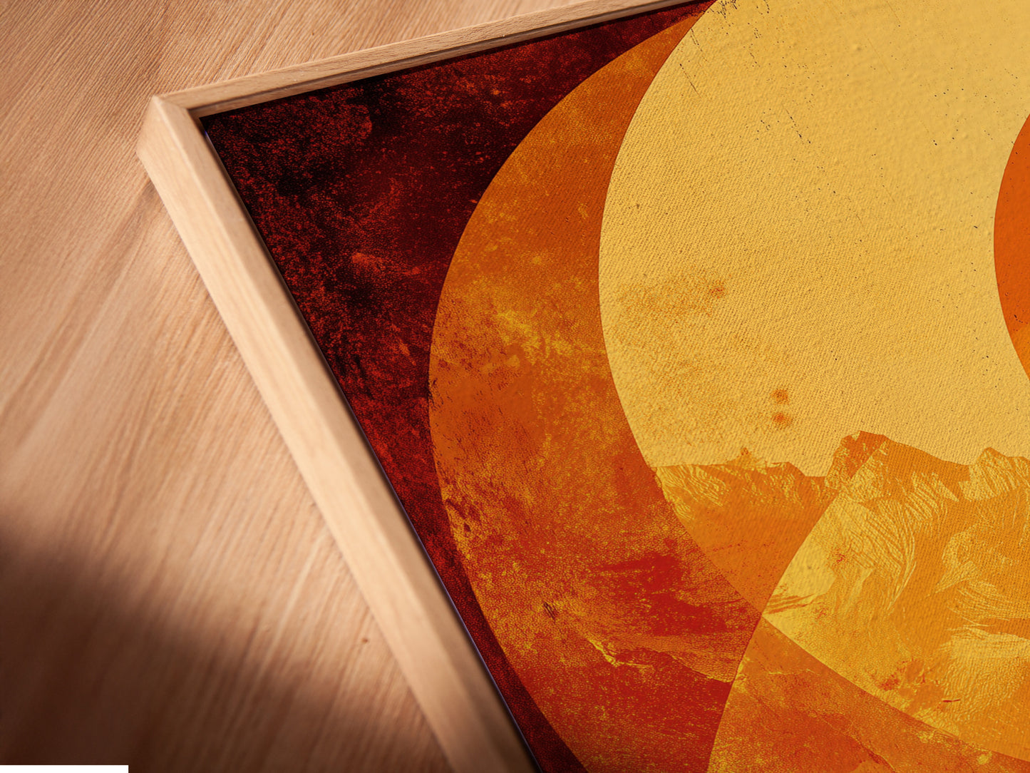 A close-up of a canvas print reveals a floating frame. The surreal stairway abstract artwork is striking. Notice the details of the geometric sunset poster. Perfect office wall decor adds sophistication to any space.