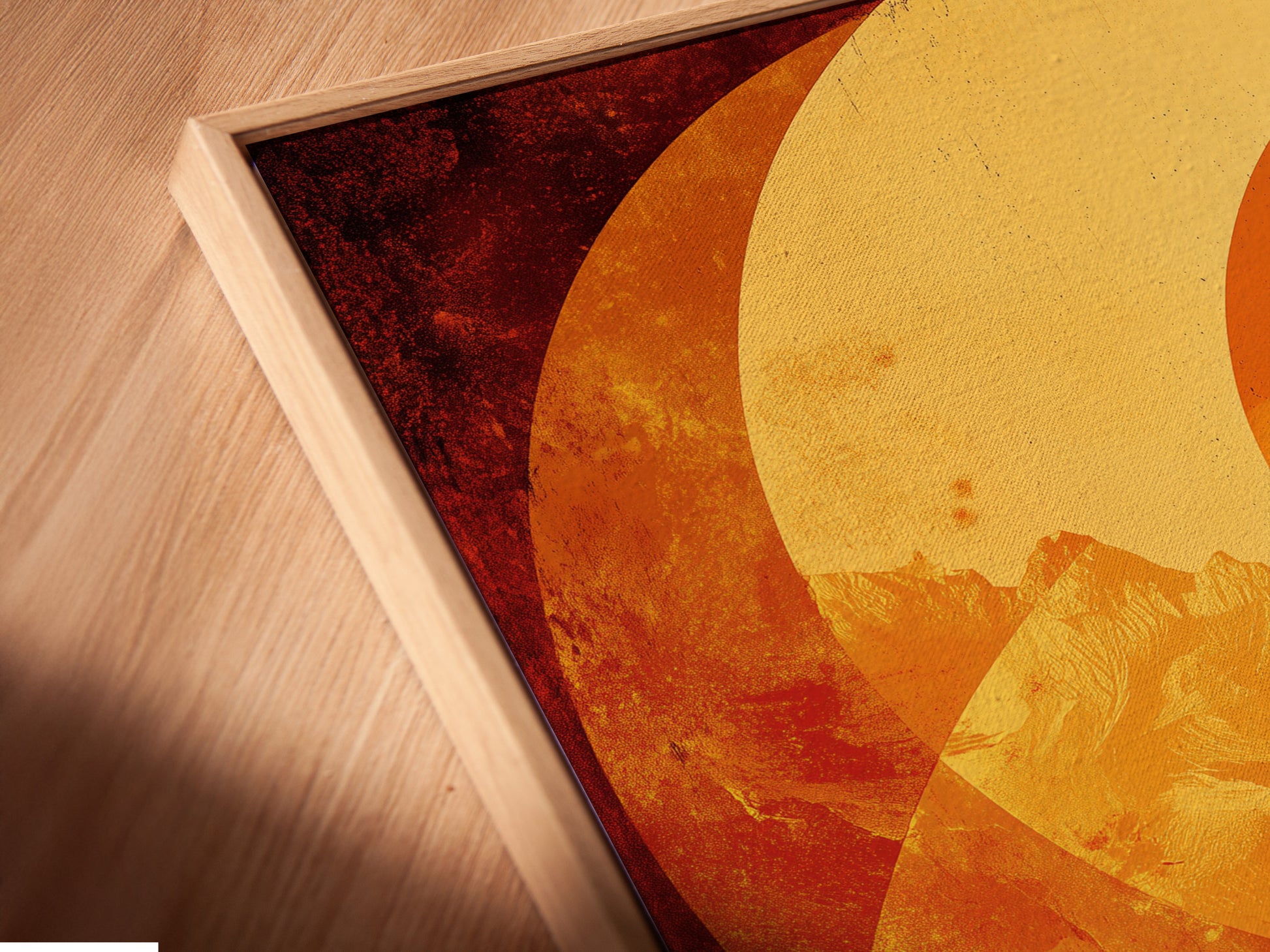 A close-up of a canvas print reveals a floating frame. The surreal stairway abstract artwork is striking. Notice the details of the geometric sunset poster. Perfect office wall decor adds sophistication to any space.