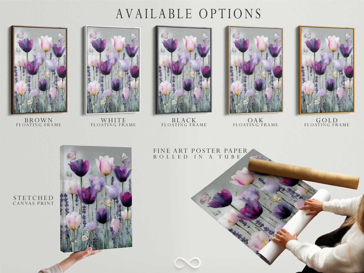Available artwork options are displayed including a stretched canvas print. Also available is a fine art poster paper. A floating frame option is also shown. These options provide flexibility in how you choose to display your artwork. Each option enhances the art in its unique way.