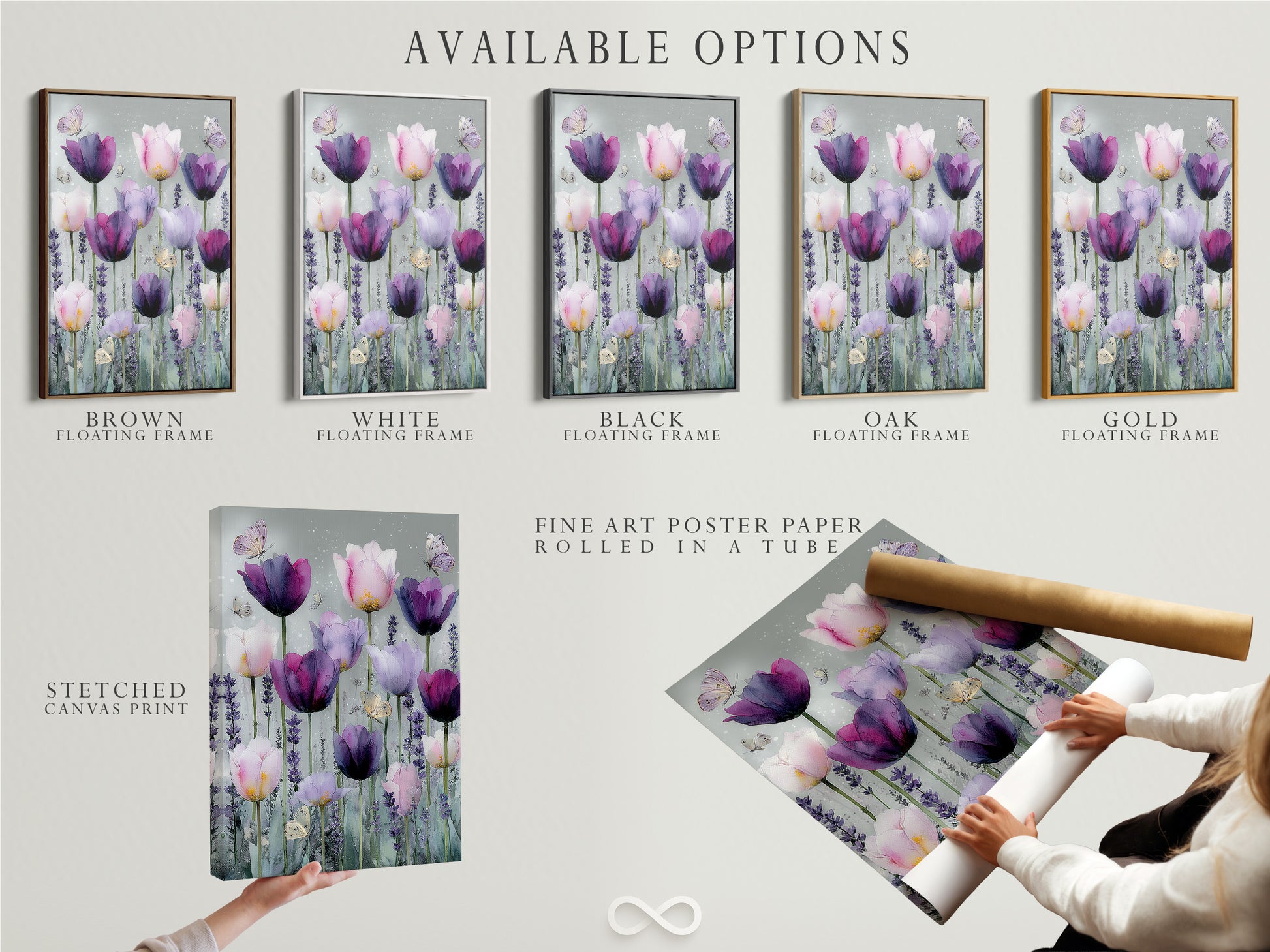 Available artwork options are displayed including a stretched canvas print. Also available is a fine art poster paper. A floating frame option is also shown. These options provide flexibility in how you choose to display your artwork. Each option enhances the art in its unique way.