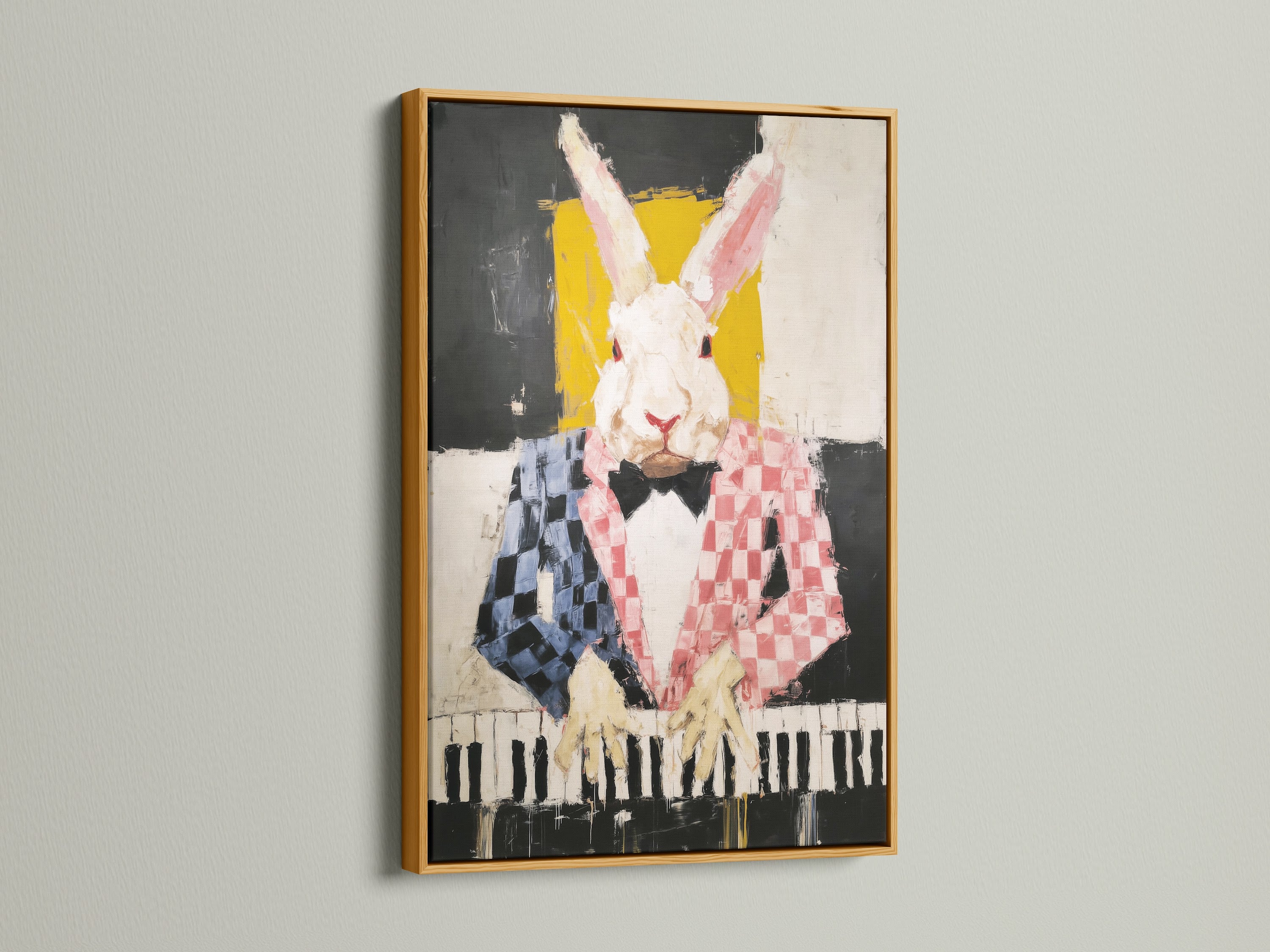 The rabbit pianist artwork shines in a gold frame. This whimsical wall art adds a touch of luxury to any room. The gold frame enhances the colorful bunny artwork. Perfect for adding a touch of elegance to your home. This abstract animal art is ideal for music-themed decor.