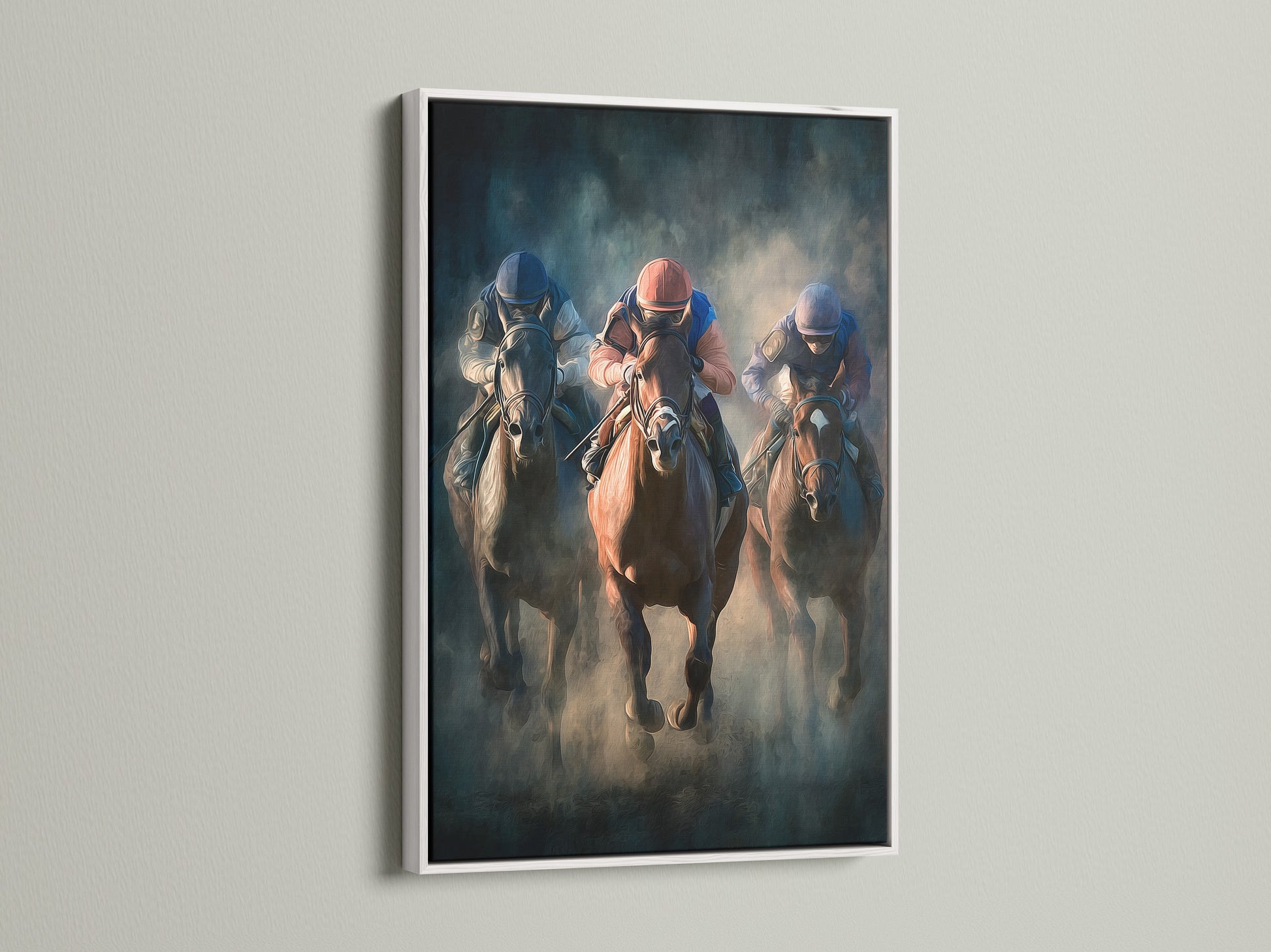 Artwork with a white frame. The artwork shows a horse race. The white frame offers a clean and modern look. It makes the colors in the artwork pop. This is a versatile choice for any room. It adds brightness and sophistication.