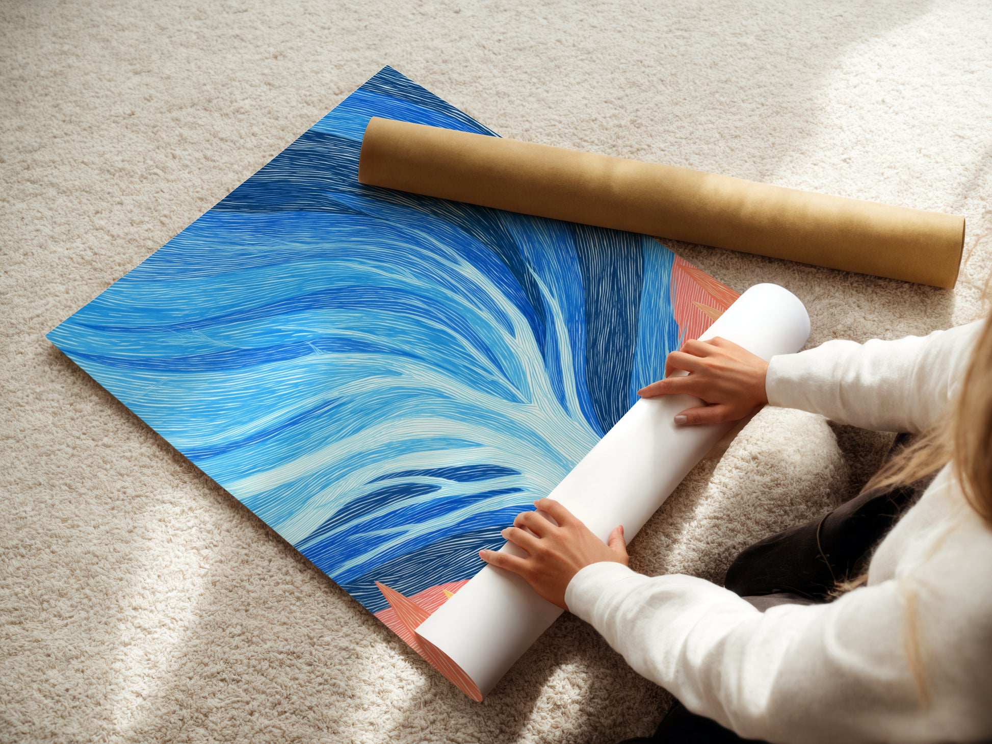 A woman carefully rolling a fine art poster paper. The poster features the Abstract Tree artwork. This blue and coral wall art is perfect for modern decor. It is ideal for art enthusiasts seeking unique pieces. The fine art paper ensures a high quality print.