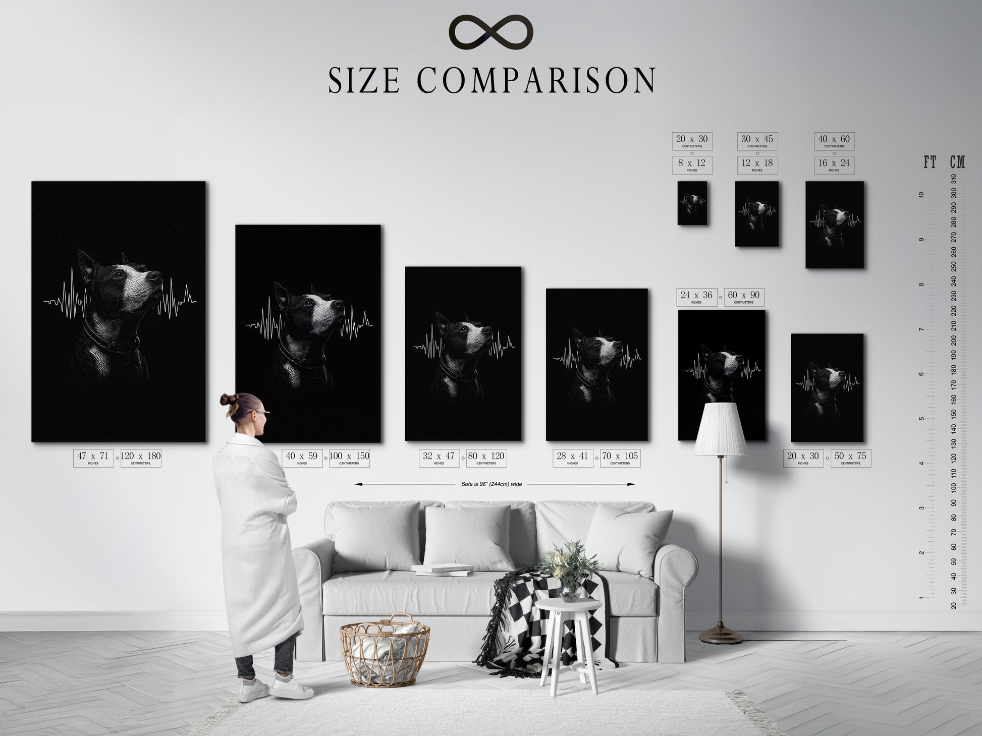 An interior shot displays a size comparison chart for the dog heartbeat artwork. See how different sizes fit in various spaces. Choose the perfect size for your veterinary office decor or home wall art.