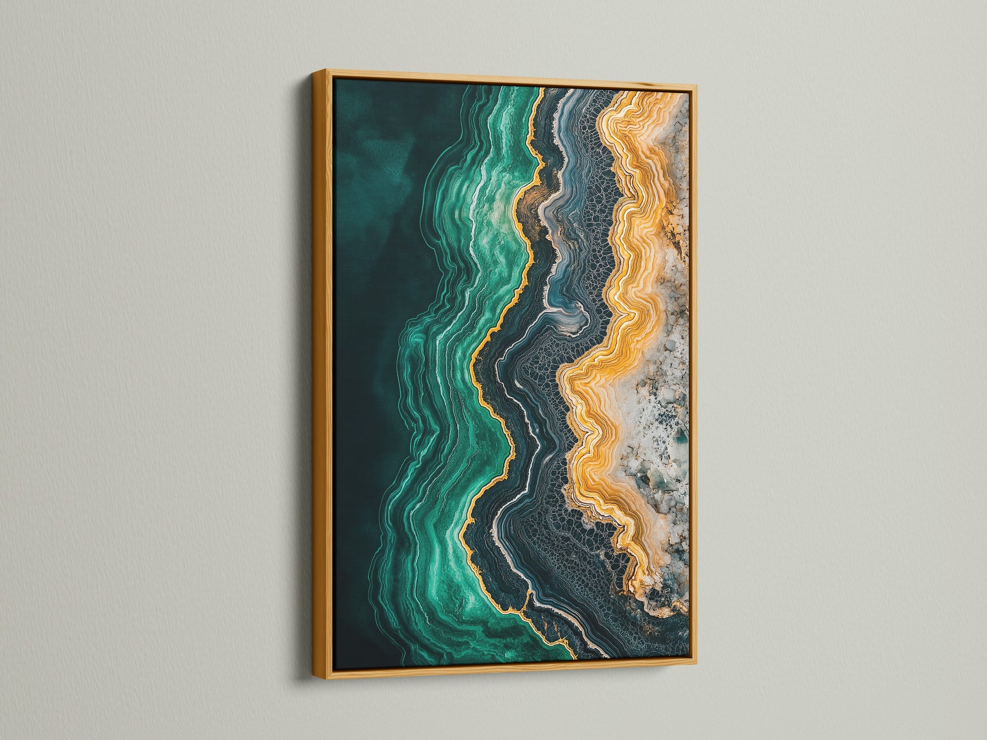 A beautiful abstract ocean artwork. The emerald green teal and gold create a luxurious fluid artwork. A gold frame adds a touch of glamour to this contemporary artwork. This ocean canvas print is perfect for minimalist spaces.