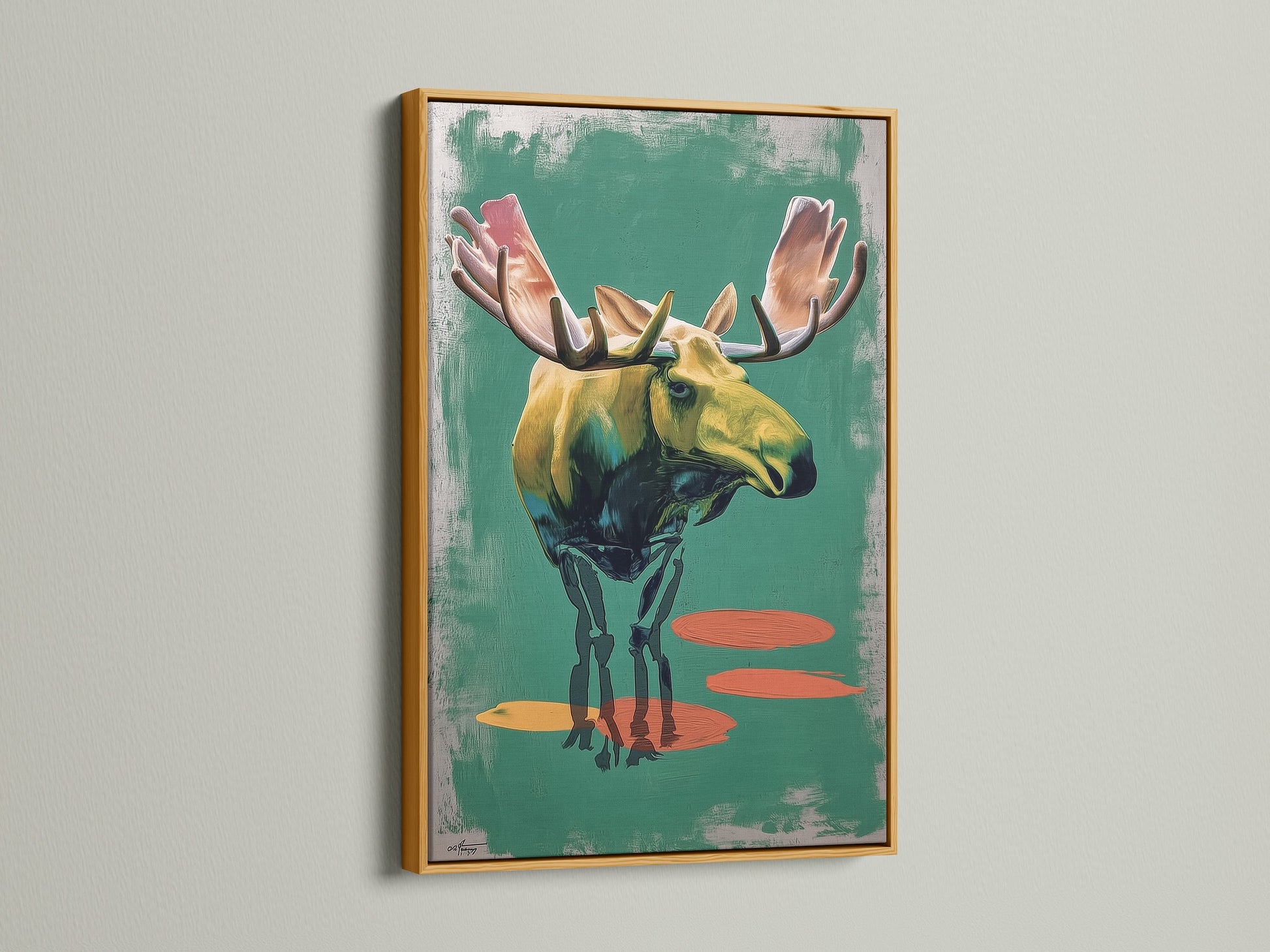 Artwork of a moose in a gold frame. The gold frame adds a touch of luxury and elegance. The artwork is matted and ready to hang. Enhance your home decor with a touch of glam. Create a focal point with framed artwork.