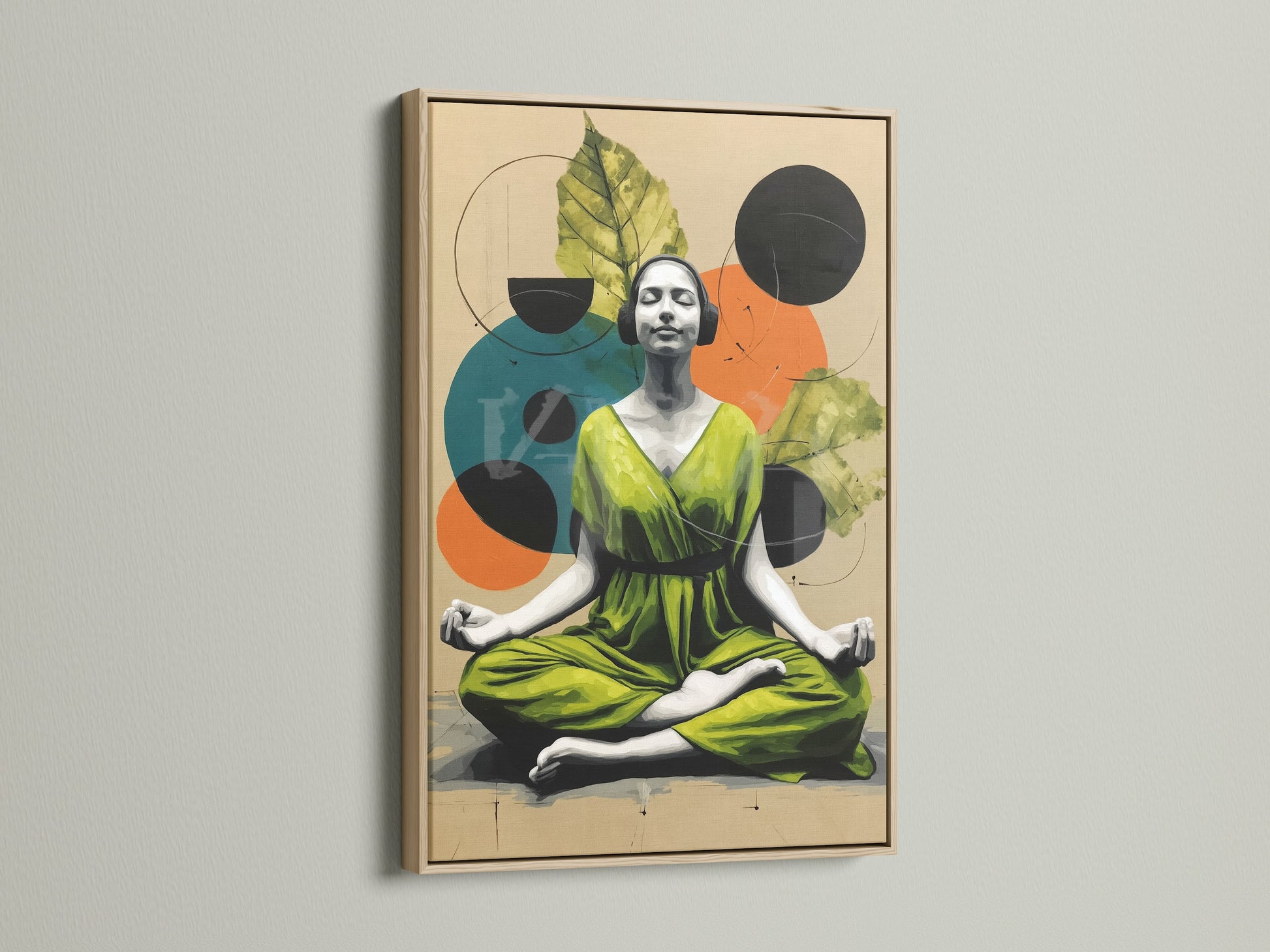 This is an oak frame. It showcases a Zen Yoga canvas print. The mindfulness poster adds tranquility to any room. Ideal bohemian and nature-inspired decor. The warm oak tones enhance its elegance.