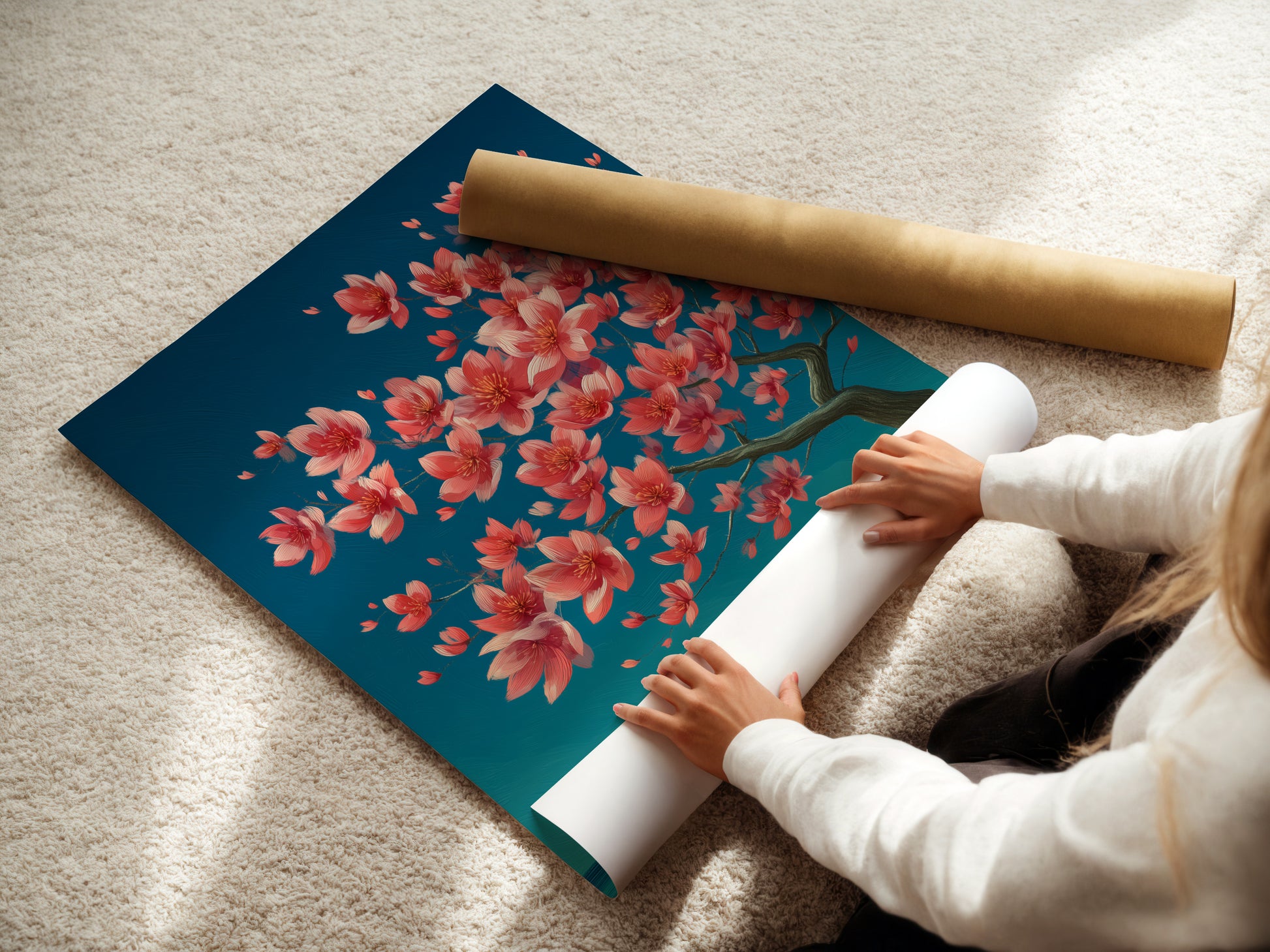 A woman is carefully rolling a fine art poster paper print of a cherry blossom tree. This piece features coral pink florals and teal ocean tones. It's perfect for adding a touch of coastal elegance to your home.
