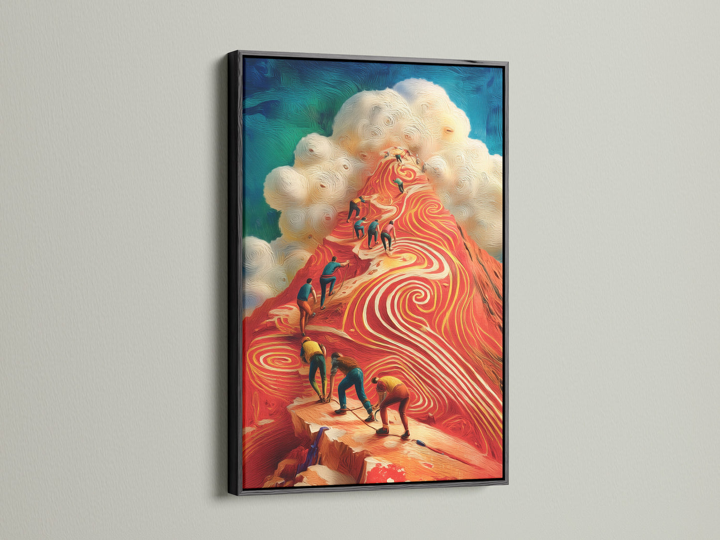 Make a bold statement with the Mountain Climbers art in a black frame. This striking piece is perfect for adventure seekers. The black frame adds a touch of sophistication. It enhances the red peak artwork. Ideal for creating an inspiring office environment.