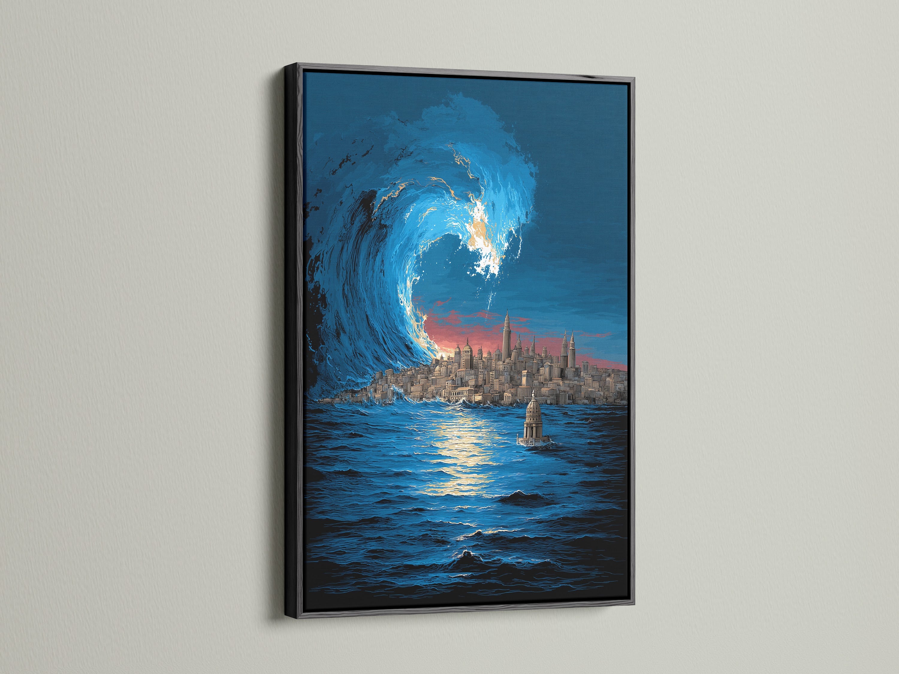 A black frame highlights a dramatic seascape artwork print. The artwork shows an ocean wave near the NYC skyline. This urban landscape art makes a bold statement. The contrast of the black frame enhances the artwork’s visual impact. It will suit any modern decor.
