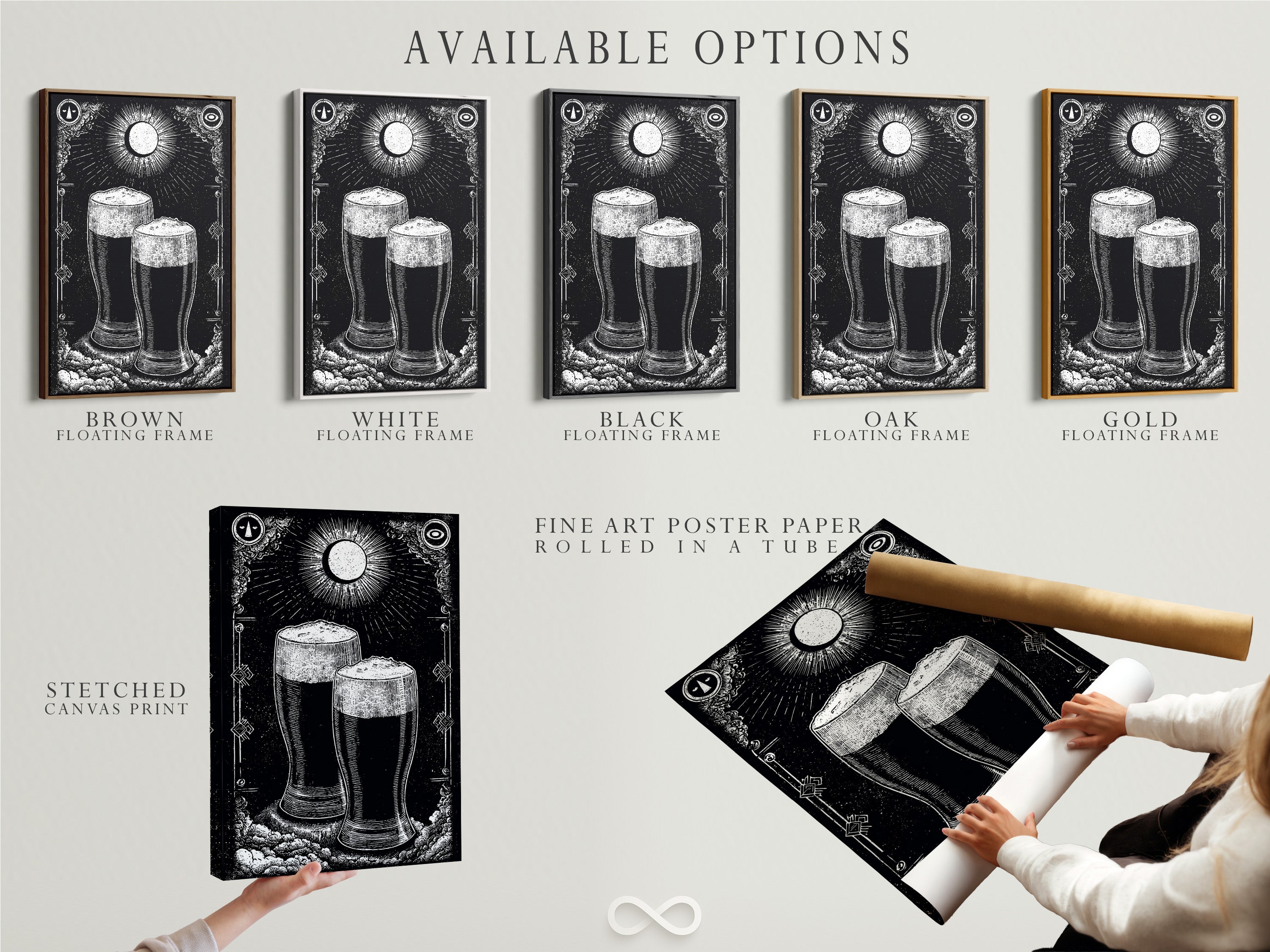 Available options include a stretched canvas print fine art poster paper and floating frame. The artwork features two glasses of dark beer under a moon. Customize your art to fit your style and decor preferences. Find the perfect medium and presentation for your space.