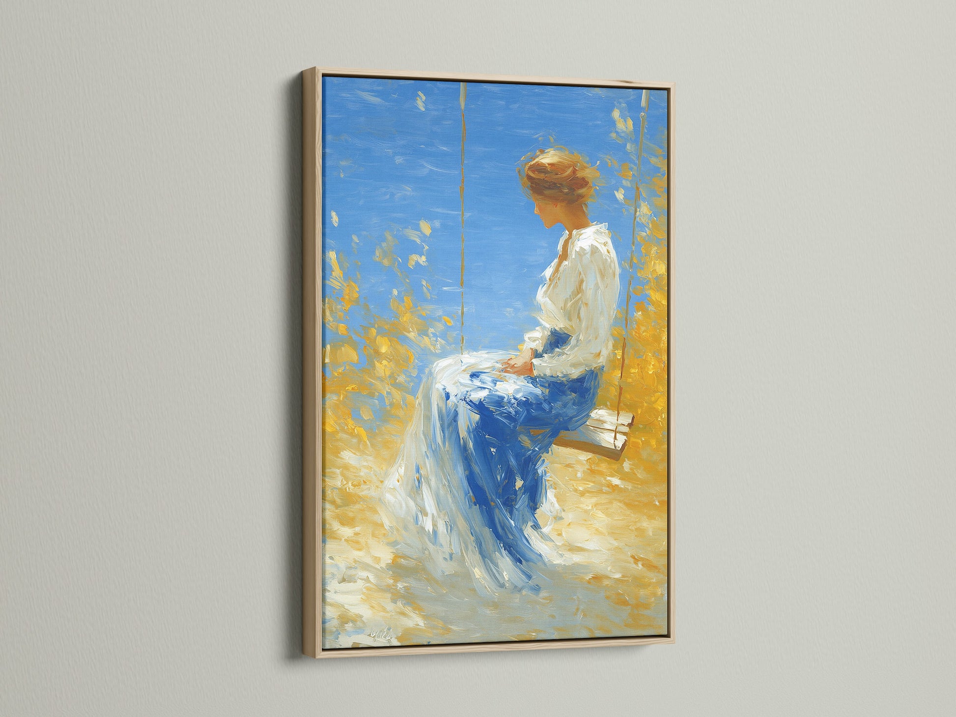 Artwork with an oak frame is displayed. The oak frame adds a warm and natural touch to the artwork. This frame enhances the art's beauty. The oak frame provides a classic and timeless look. See how oak enhances art.