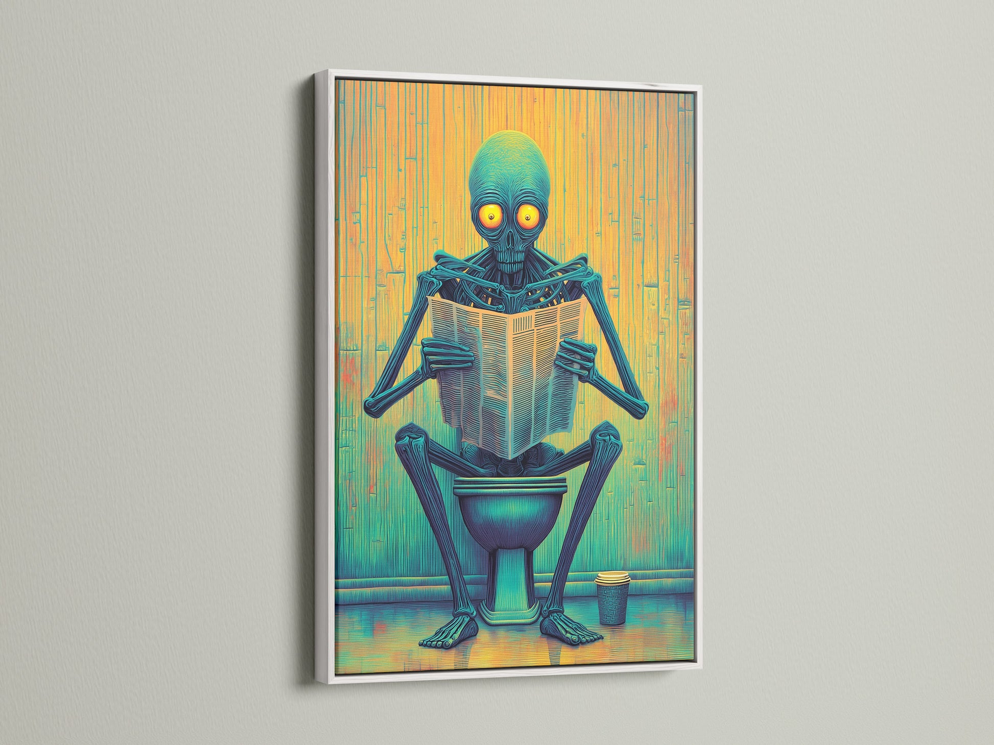 Here's a white framed Alien on Toilet canvas print. This funny artwork enhances any bathroom decor. The sci-fi novelty poster brings a quirky vibe. It's perfect for modern and eclectic styles. The blue and yellow hues add vibrancy to the walls.