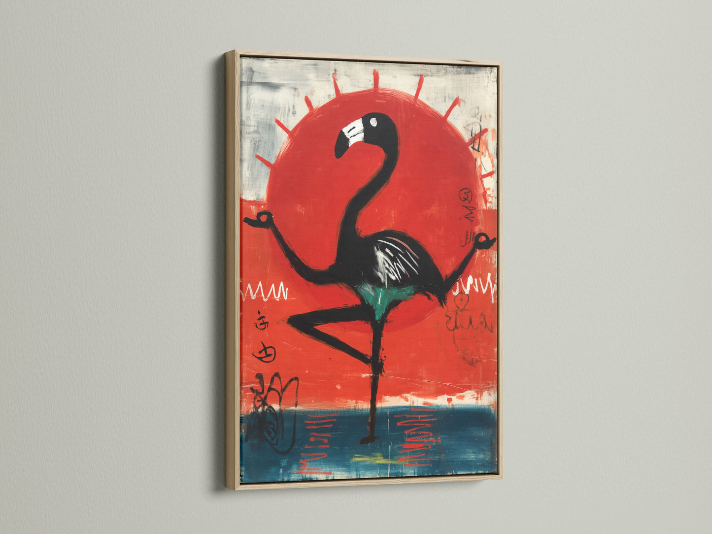 This oak frame enhances the modern bird art. The contemporary flamingo art print is beautifully showcased. The natural wood tones complement the red sun canvas art. Add a touch of tropical style to your space. This frame brings warmth to any room's bird artwork.