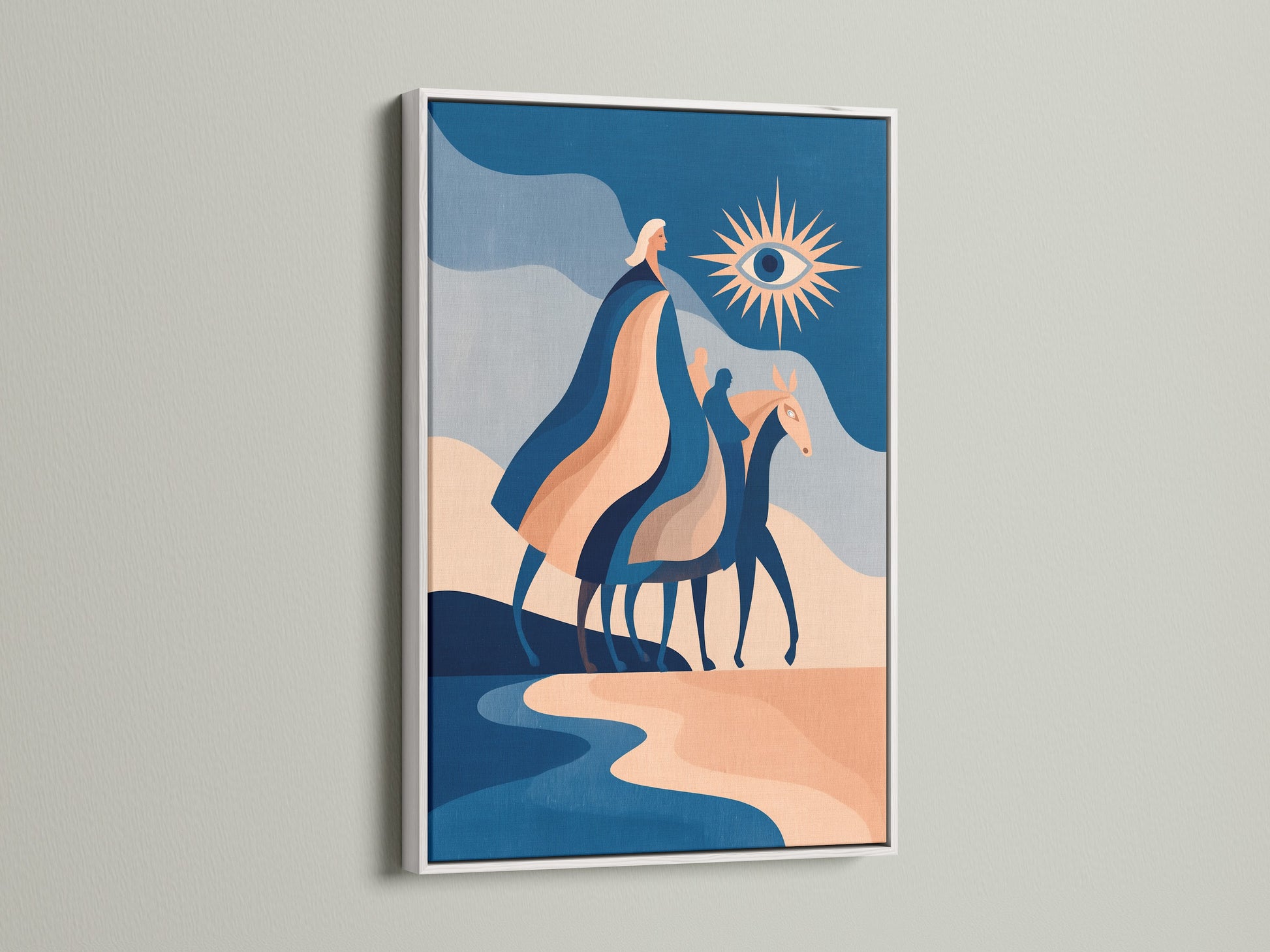 Modern abstract horse art in a white frame. The artwork is a blue terracotta canvas print. This boho equestrian wall art is perfect for adding a touch of style to your bedroom. It is suitable for various interior styles. It will complement minimalist boho or eclectic interiors