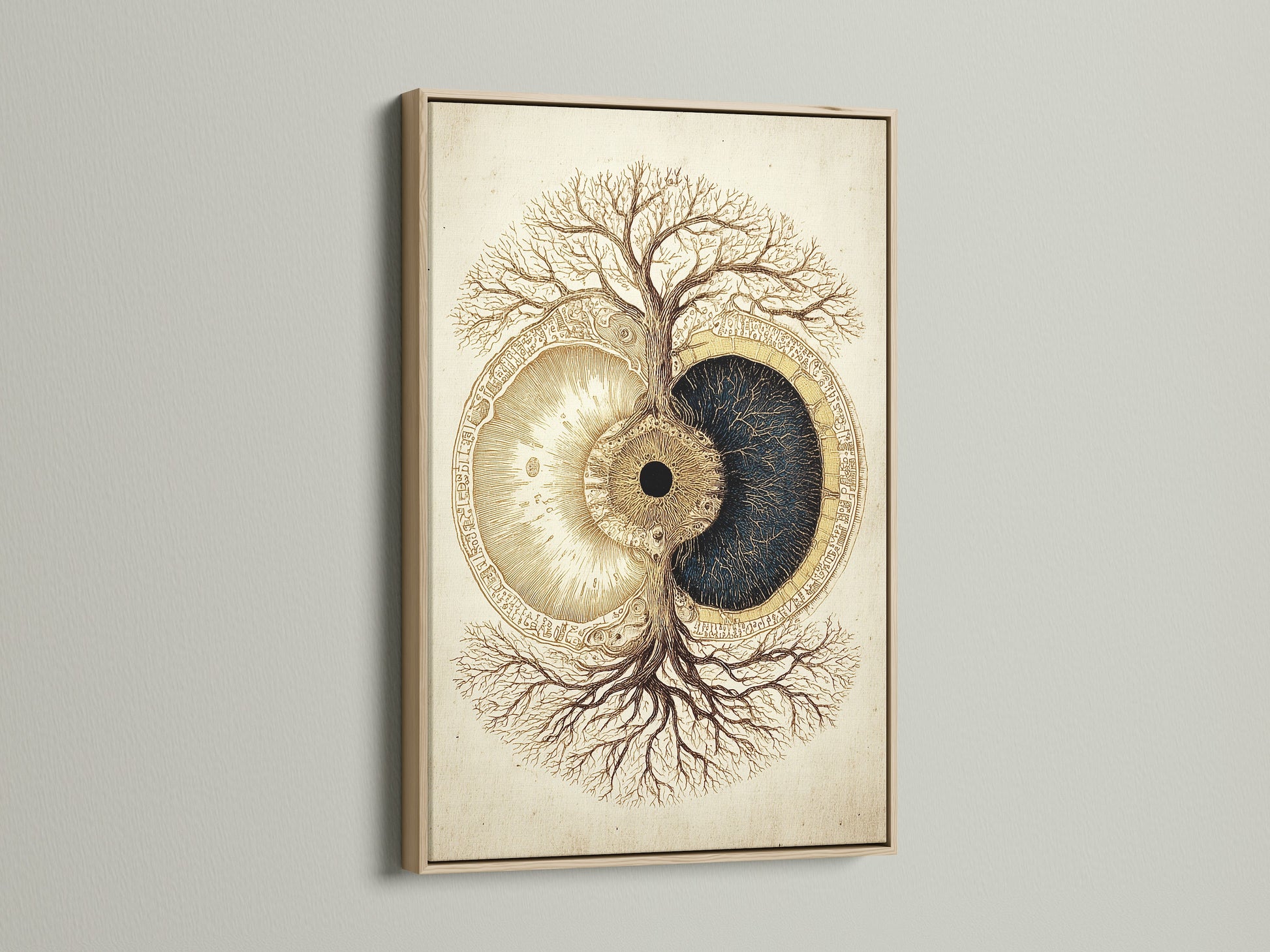 Oak Frame. This frame enhances the artwork. The oak frame adds a touch of warmth and nature. The art features a tree and eye artwork. The oak frame is perfect for any room. It brings nature indoors. The artwork is framed beautifully.