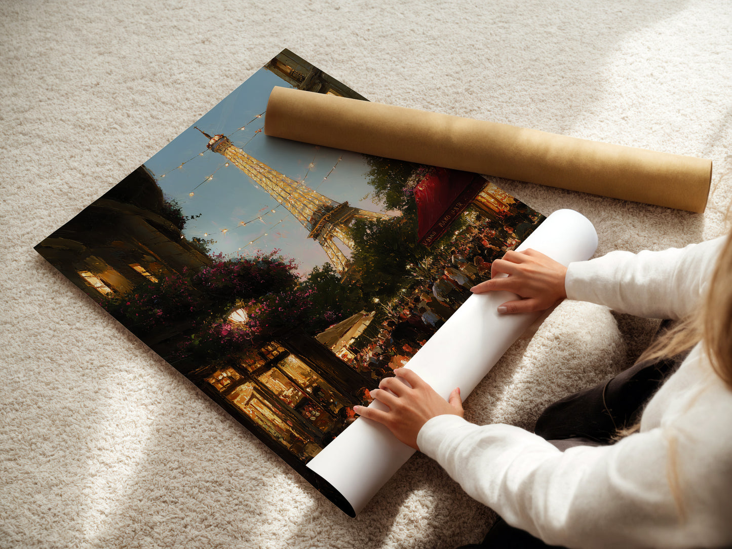 A woman is carefully rolling a fine art poster paper. The fine art poster paper is of high quality. It ensures vibrant colors and detailed artwork reproduction. Discover the beauty and durability of fine art poster paper.