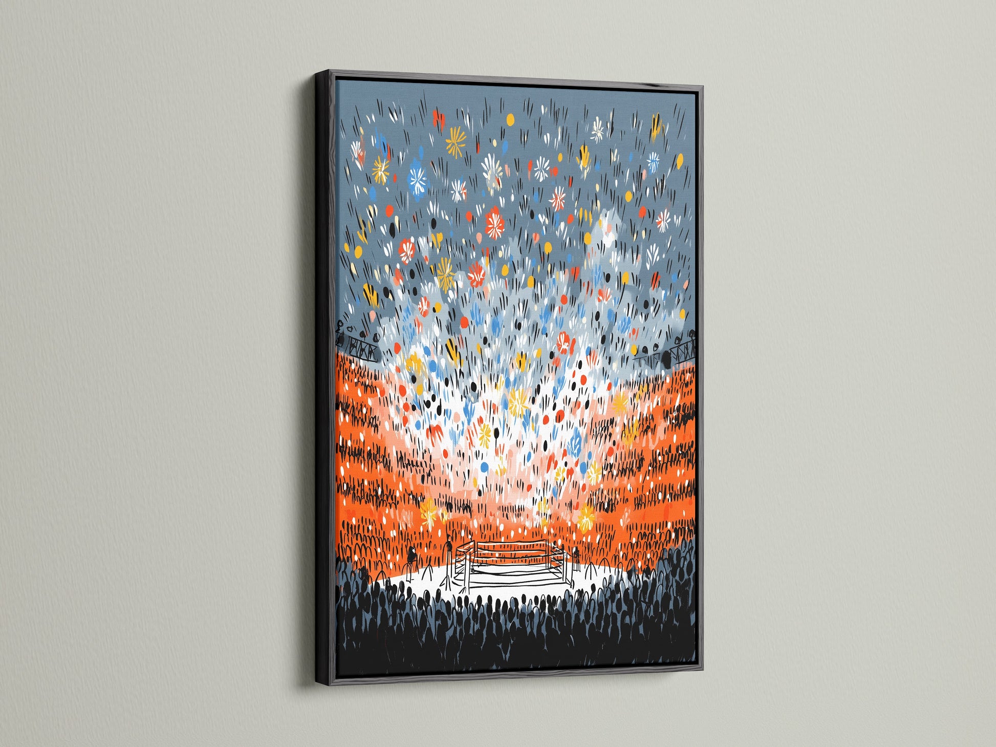 A modern boxing art piece in a sleek black frame. The canvas print captures the excitement of fight night. This sports arena artwork is a great addition to any man cave or living space. Get this bold and dynamic art for your home.