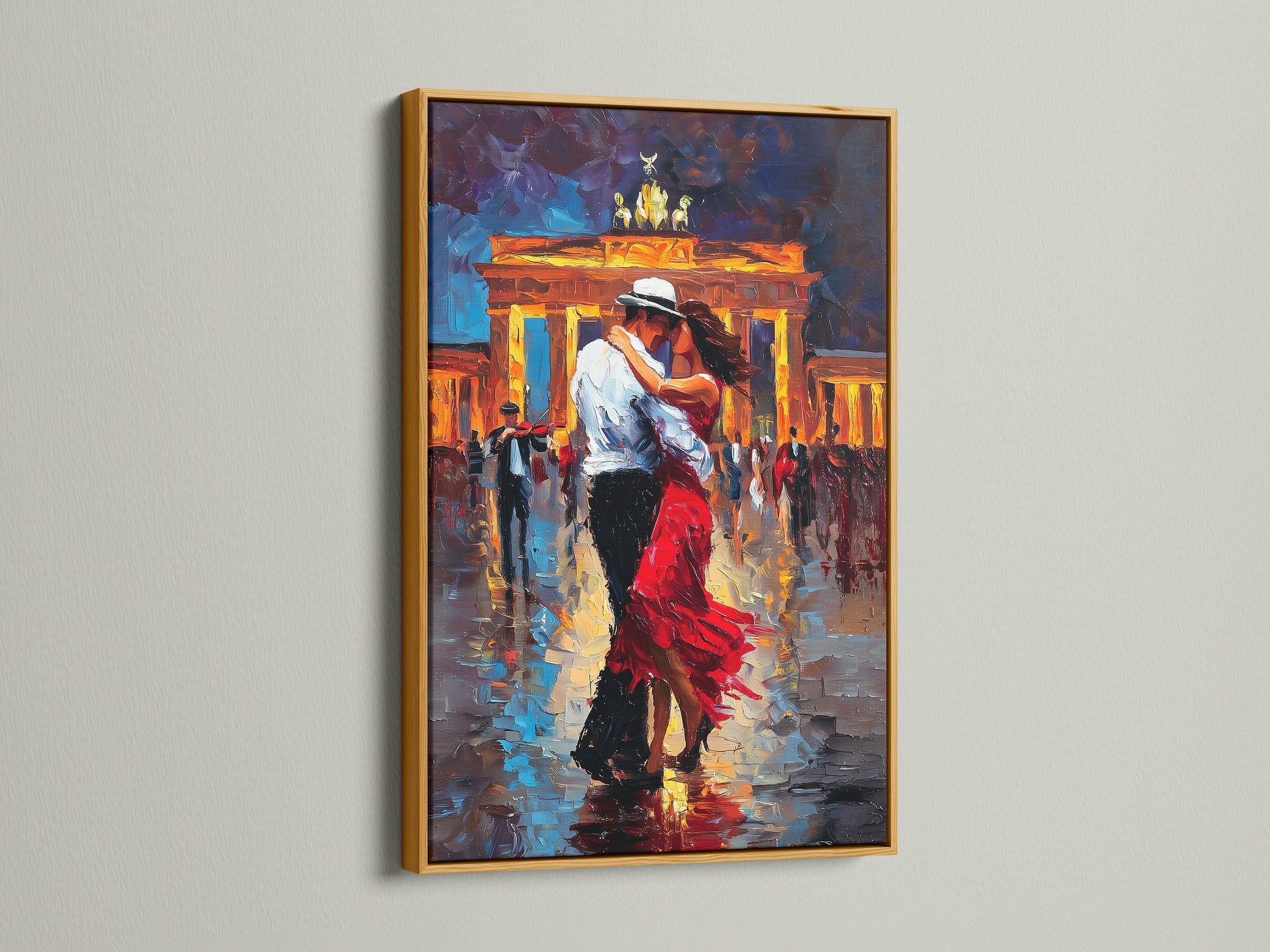 Gold Frame. The artwork depicts a couple dancing passionately in front of an iconic city monument. The gold frame option adds a touch of luxury and opulence to the artwork. The gold finish enhances the colors and brings a sense of grandeur. It is perfect for adding a statement piece to your home.