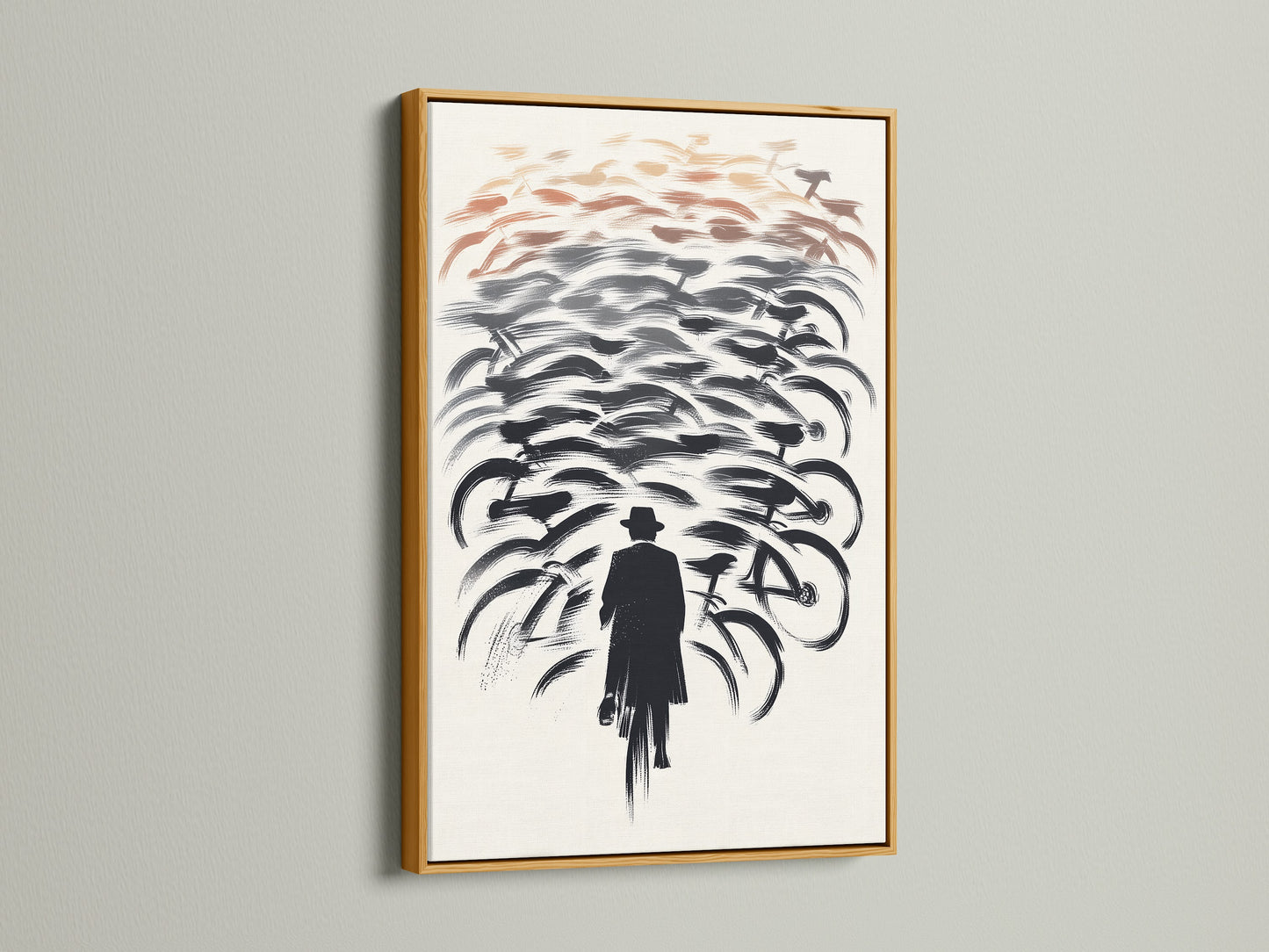 Add a touch of glamor with this gold framed bicycle artwork. See the abstract cycling poster of a man with bikes. This bikes wall art is perfect for elevating your living room wall art. Get your cycling print today.
